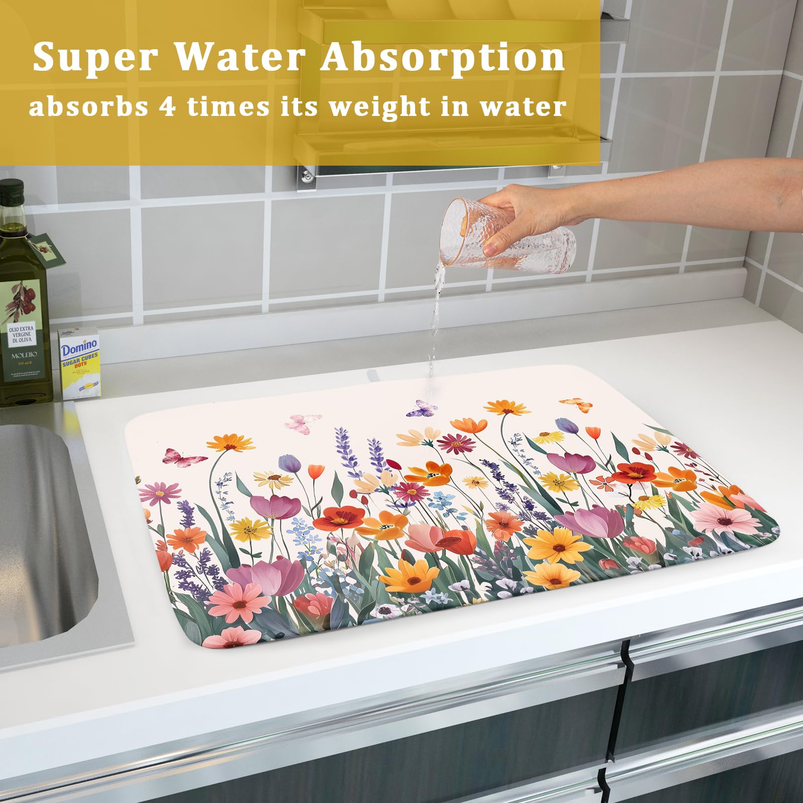 Spring Summer Flowers Dish Drying Mat for Kitchen Counter 18"x24" Colorful Floral Drying Mat Soft Absorbent Microfiber Farmhouse Fluttering Butterfly Dish Drainer Rack Mats for Counter tops