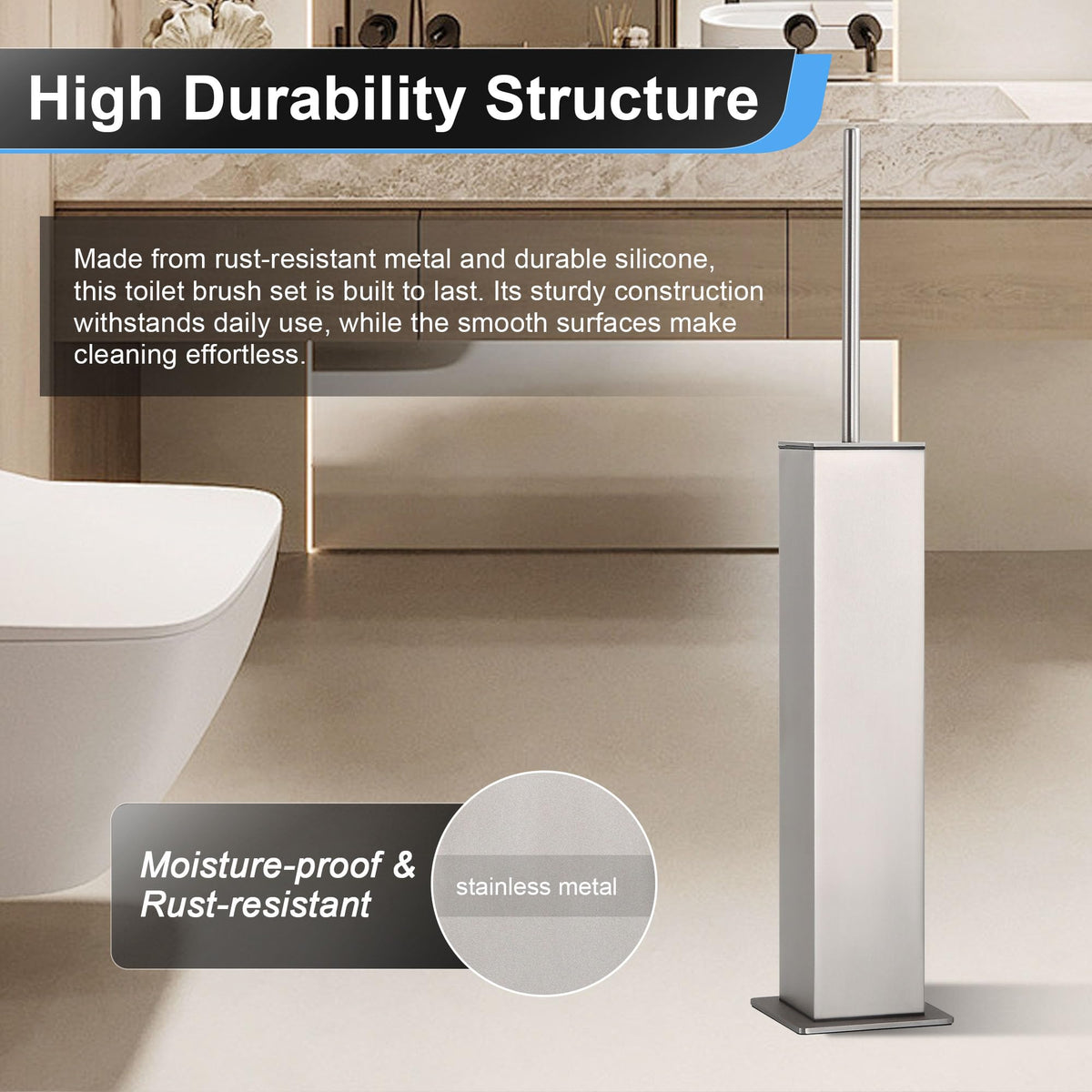 Toilet Brush and Holder Set Brushed Nickel Stainless Steel 304 Square Freestanding Toilet Brush for Bathroom