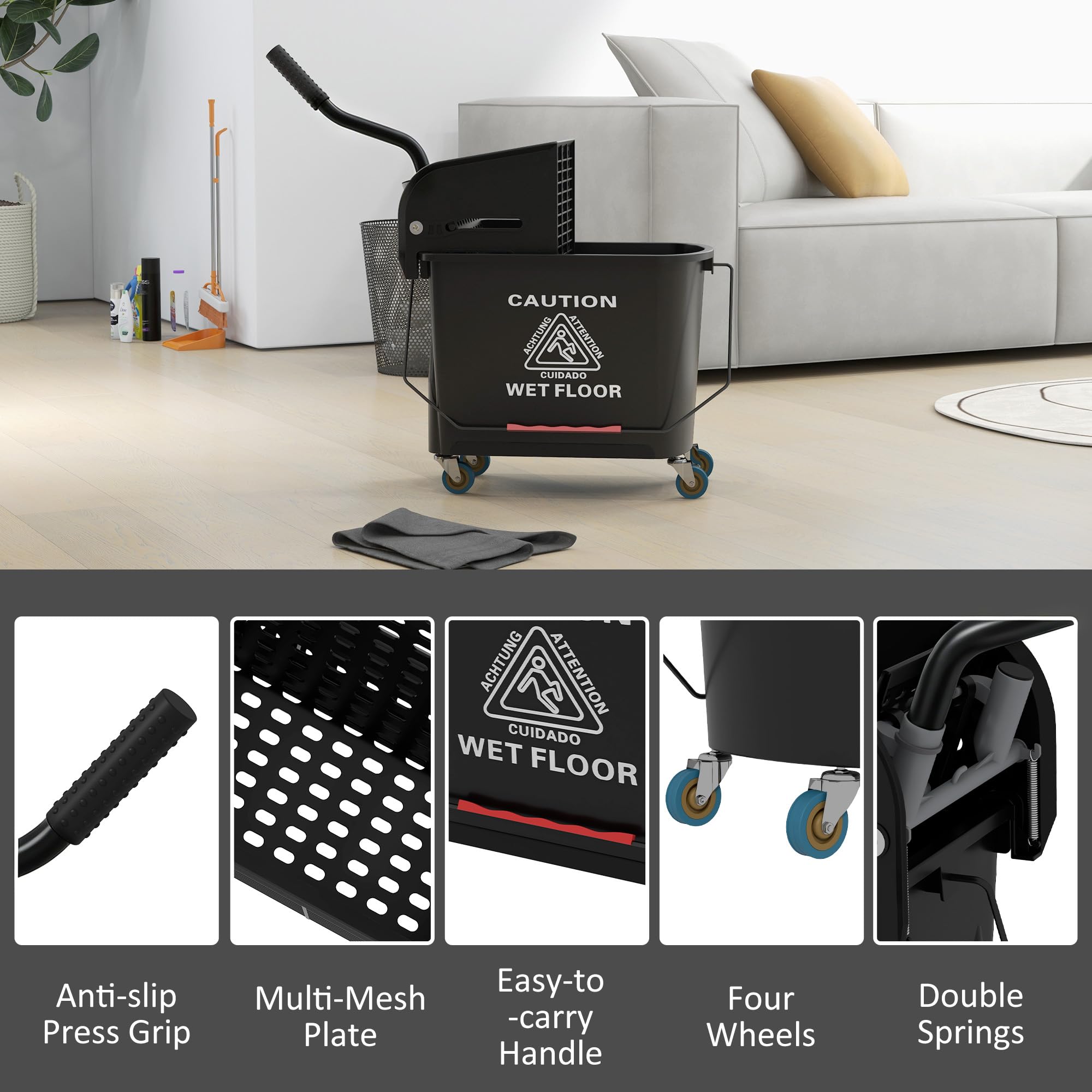Commercial Mop Bucket Side Press Wringer Wheels 21 Quart Black