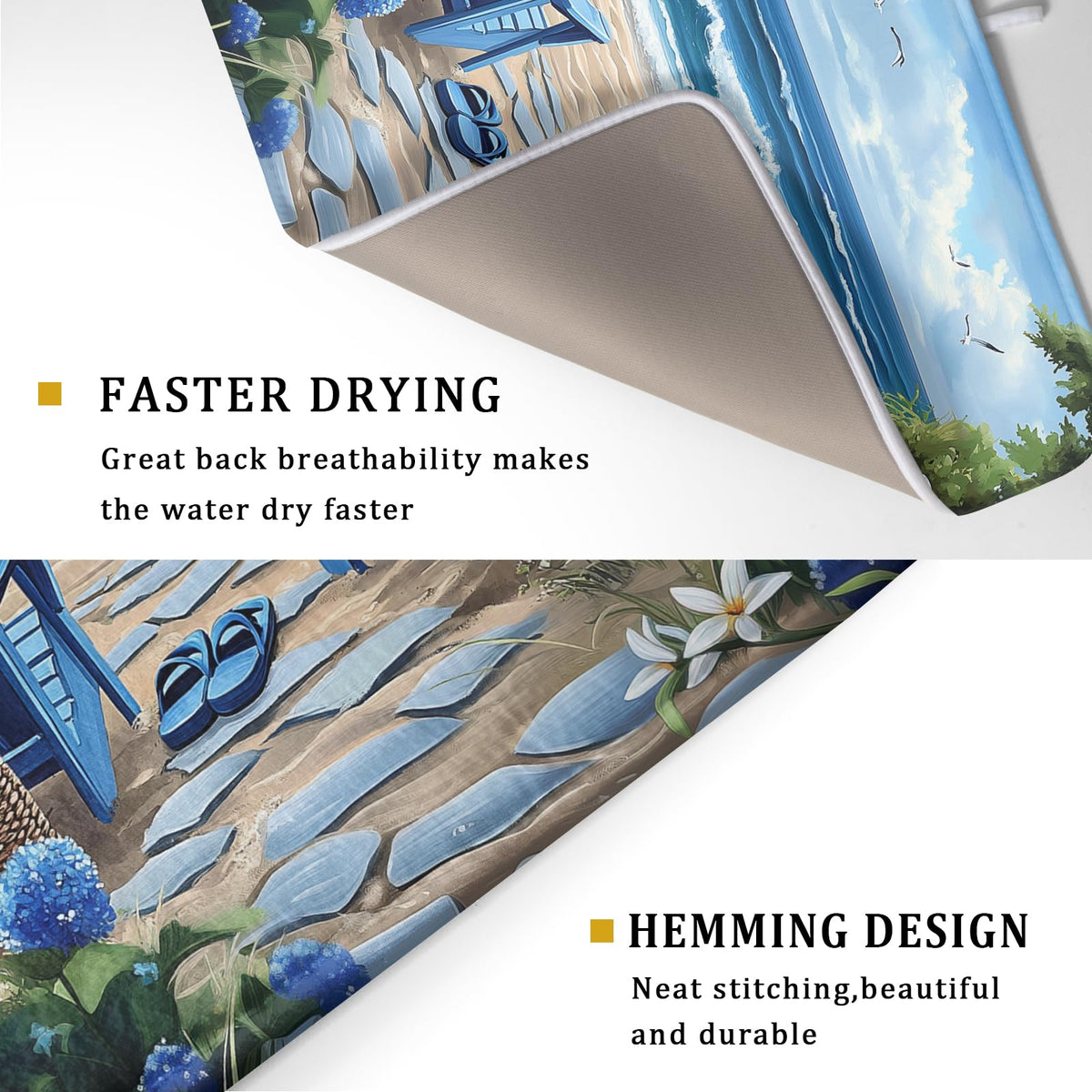 Summer Beach Dish Drying Mat 18x24 Inch Sea Shells Flowers Kitchen Mats Blue Microfiber Absorbent Dish Drainer Rack Mats Non