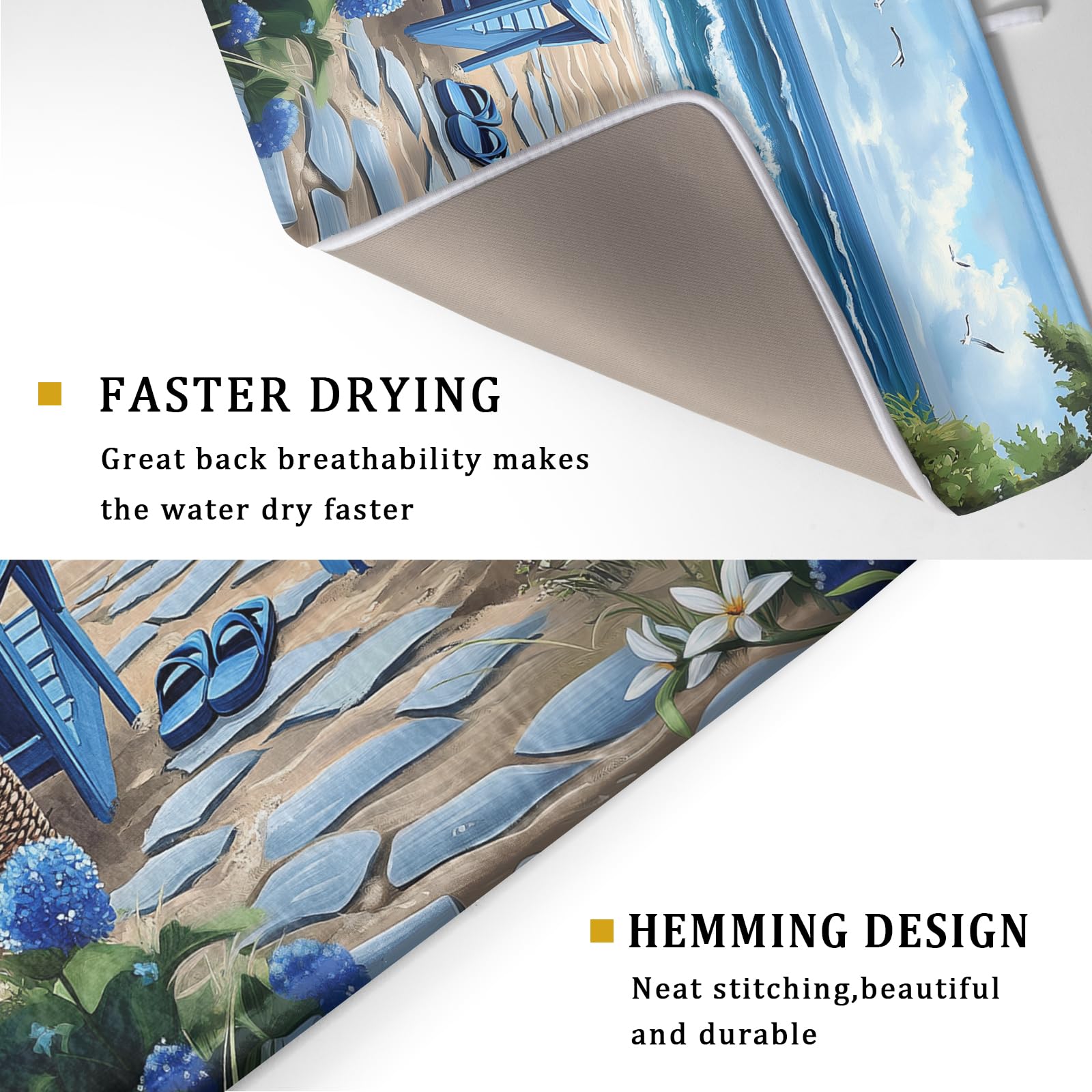 Summer Beach Dish Drying Mat 18x24 Inch Sea Shells Flowers Kitchen Mats Blue Microfiber Absorbent Dish Drainer Rack Mats Non