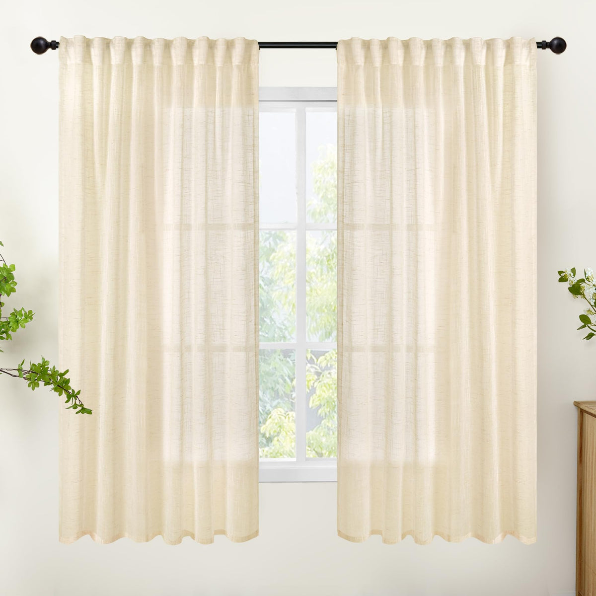 Linen Semi Sheer Curtains 63 Inch Length Cream Beige Drapes (2 Count)