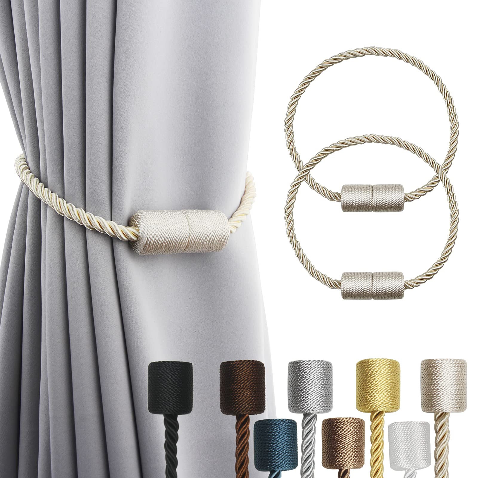 2 Pack Beige Strong Magnetic Curtain Tiebacks Outdoor Elegant Decorative Tie Backs Modern Rope Tiebacks for Drapes Window Curtain Holdbacks for Draperies (2 Count)