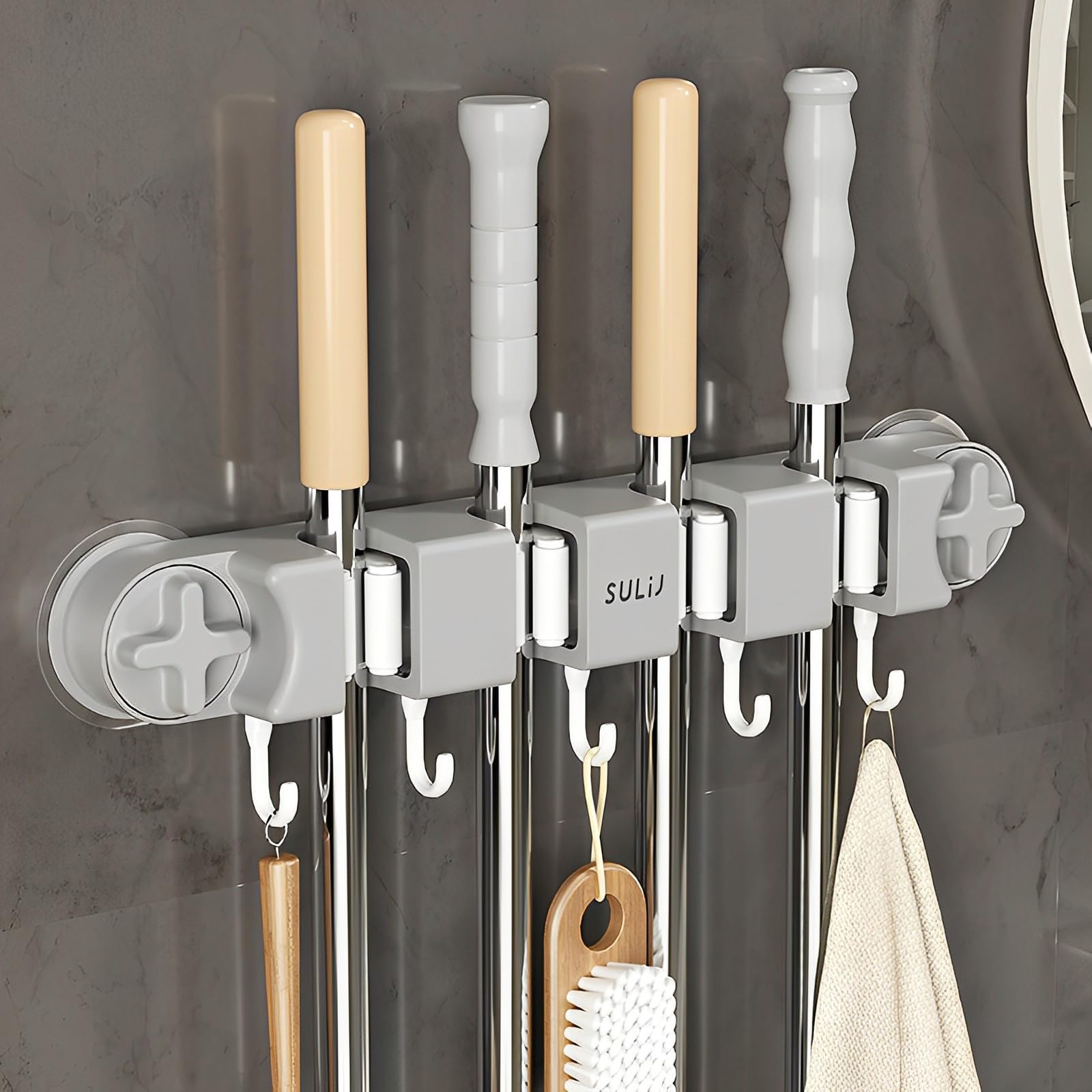 Broom Holder Wall Mount Sturdy Mop and Broom Organizer with 4 Racks and 5 Hooks Vacuum Suction Cup Broom Mop Holder for Home