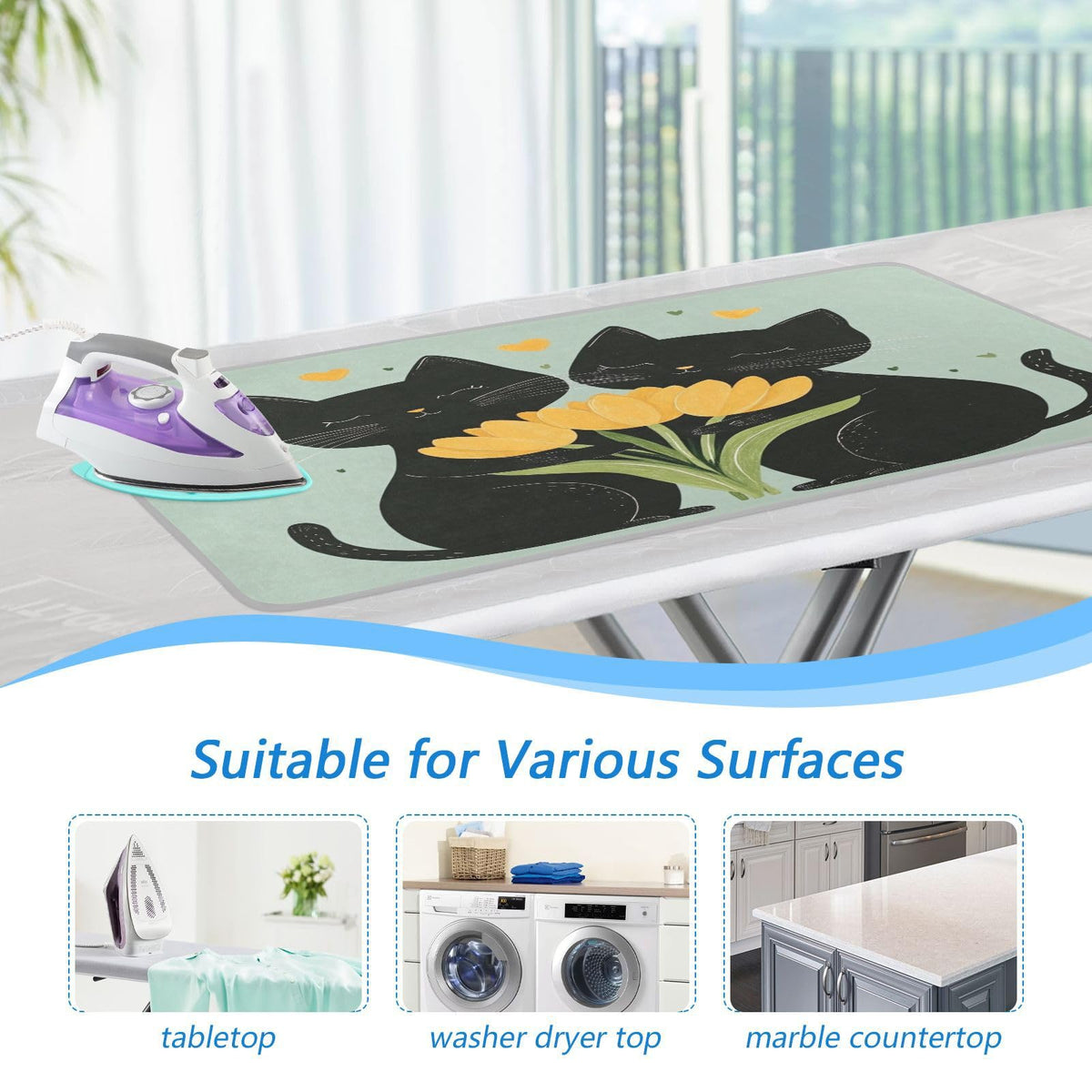 Black Cats Tulips Green Ironing Mat Thickened Ironing Blanket Travel Portable Double