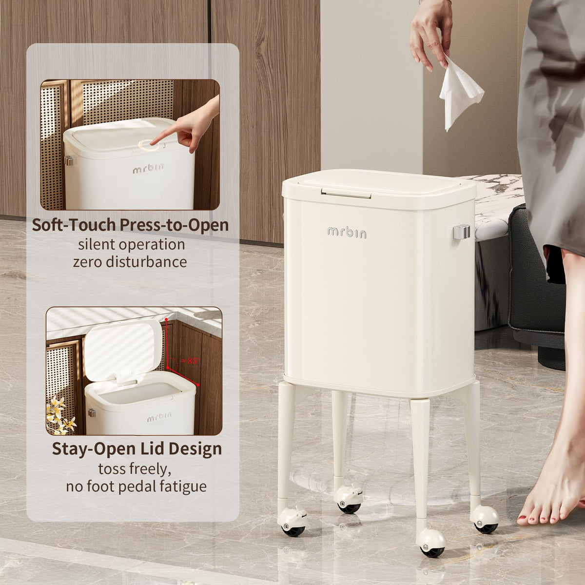 Metal Kitchen Trash Can with Wheel Legs
