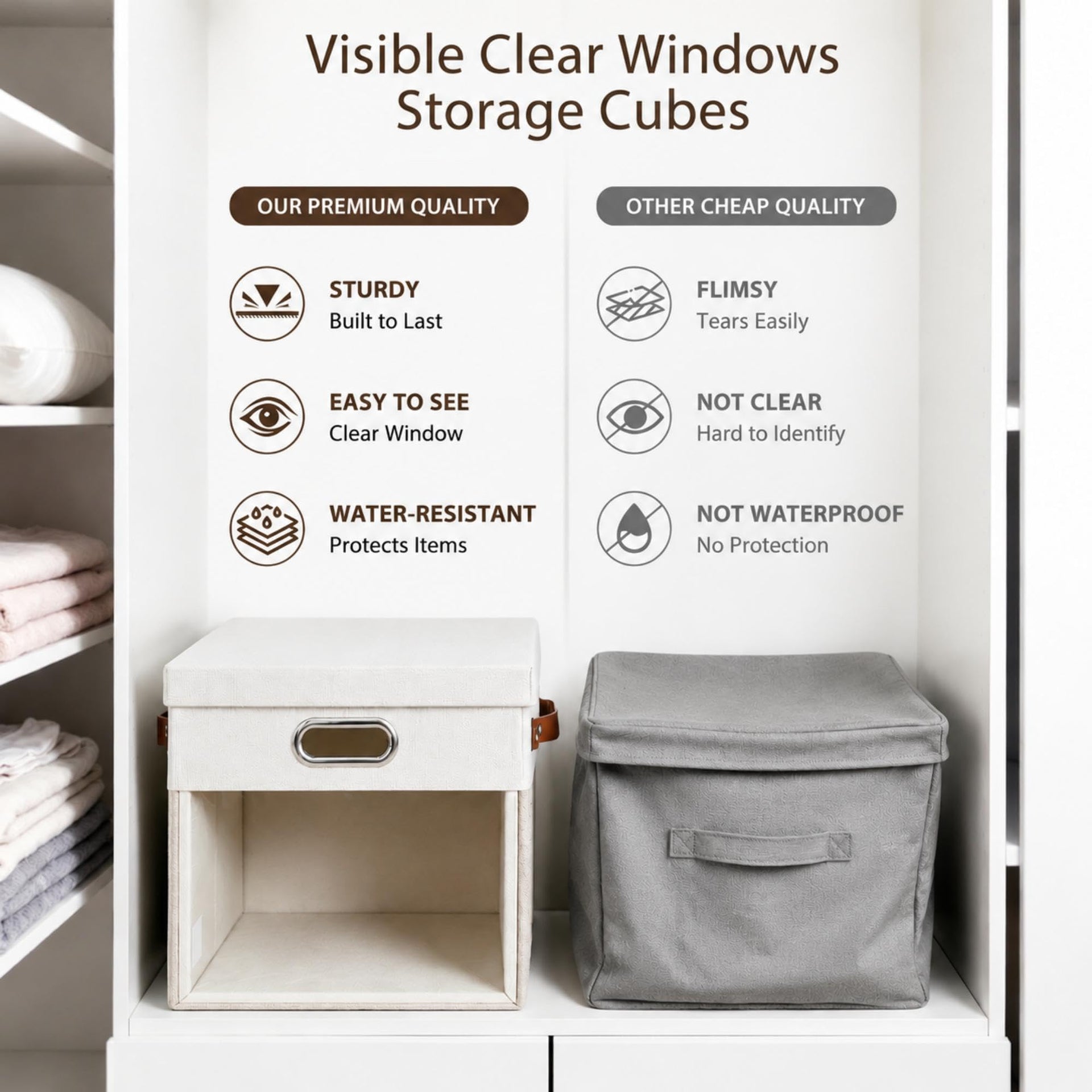 11x11 Inch Ultra Thick Fabric Storage Bins with Lids & Windows (3 Count)