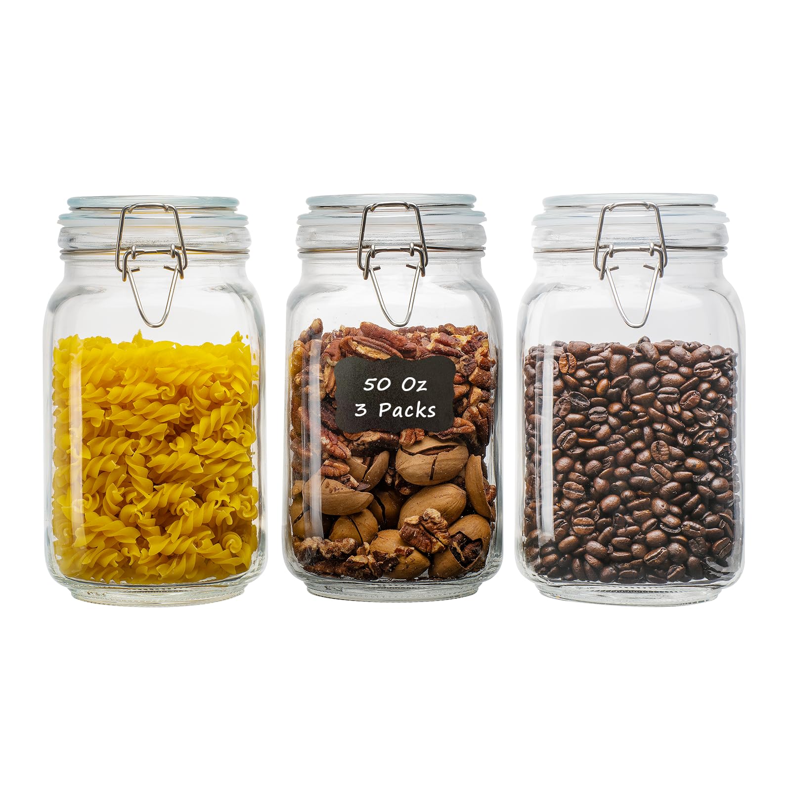 50oz Square Glass Food Storage Jars with Airtight Clamp Lids 3 Pack (3 Count)