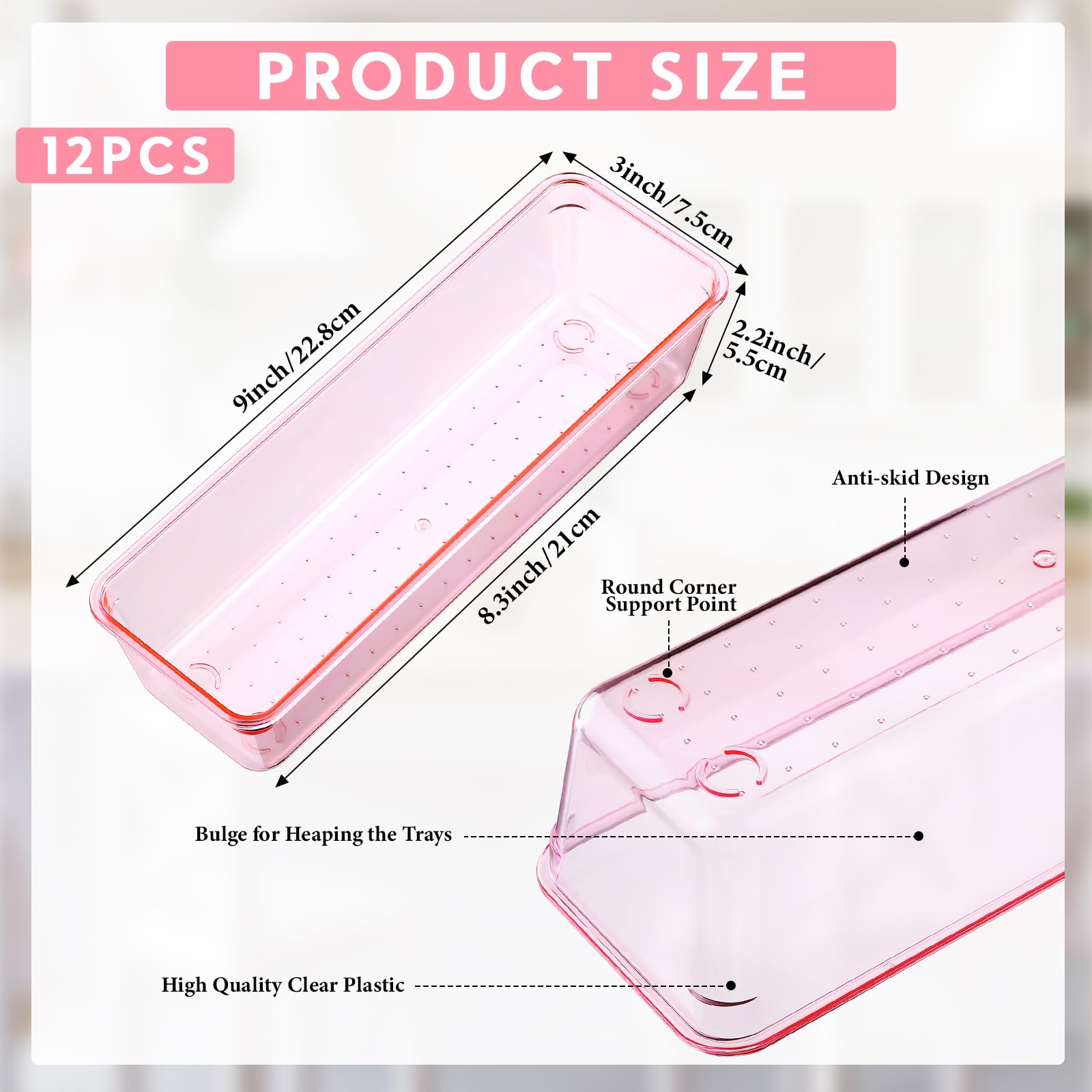 12 Pcs Clear Drawer Organizer 9 x 3 x 2 Inches Plastic Rectangle Trays Makeup Vanity Storage Bins and Kitchen Drawers Dividers for Office Desk Silverware Kitchen Utensils (12 Count)