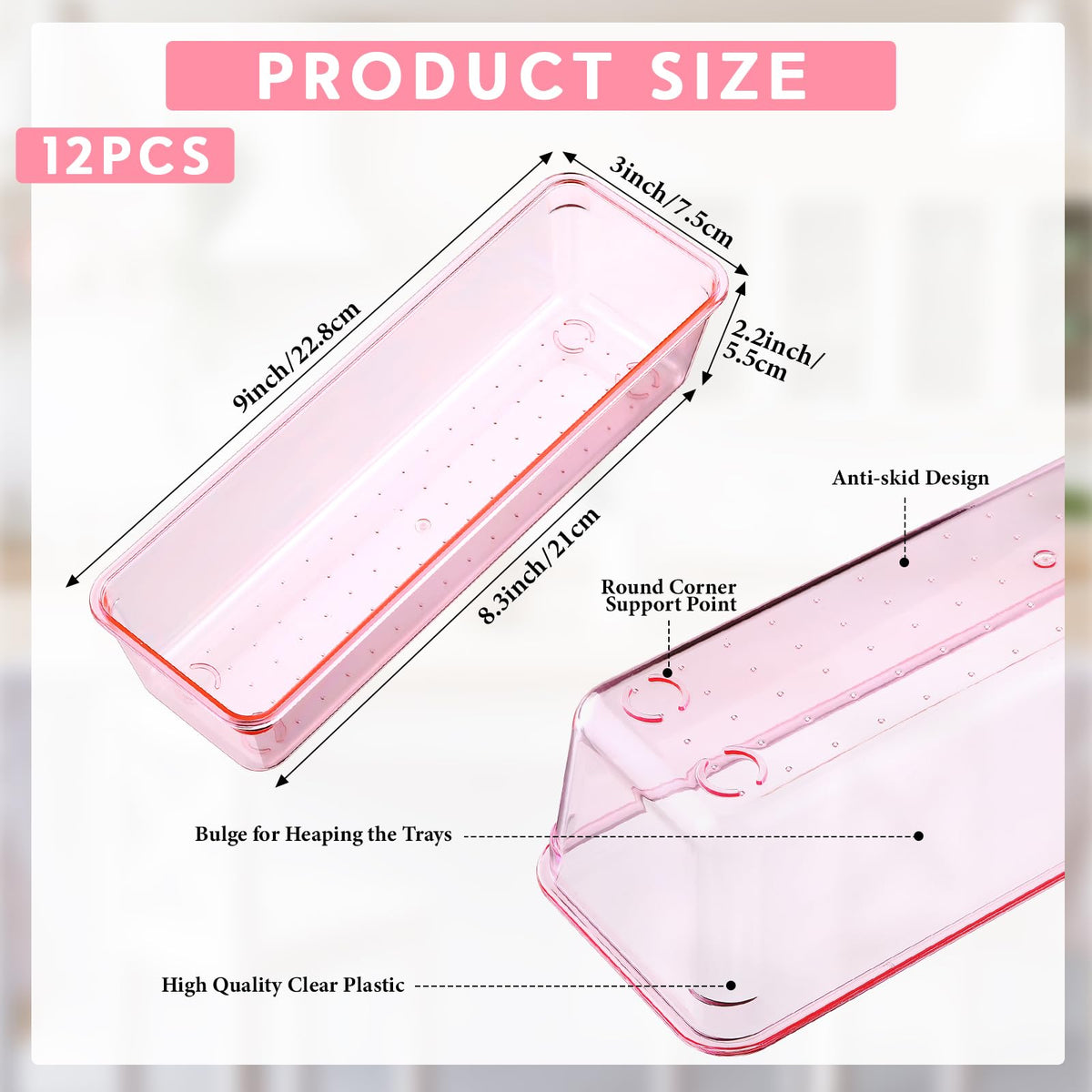 12 Pcs Clear Drawer Organizer 9 x 3 x 2 Inches Plastic Rectangle Trays Makeup Vanity Storage Bins and Kitchen Drawers Dividers for Office Desk Silverware Kitchen Utensils (12 Count)