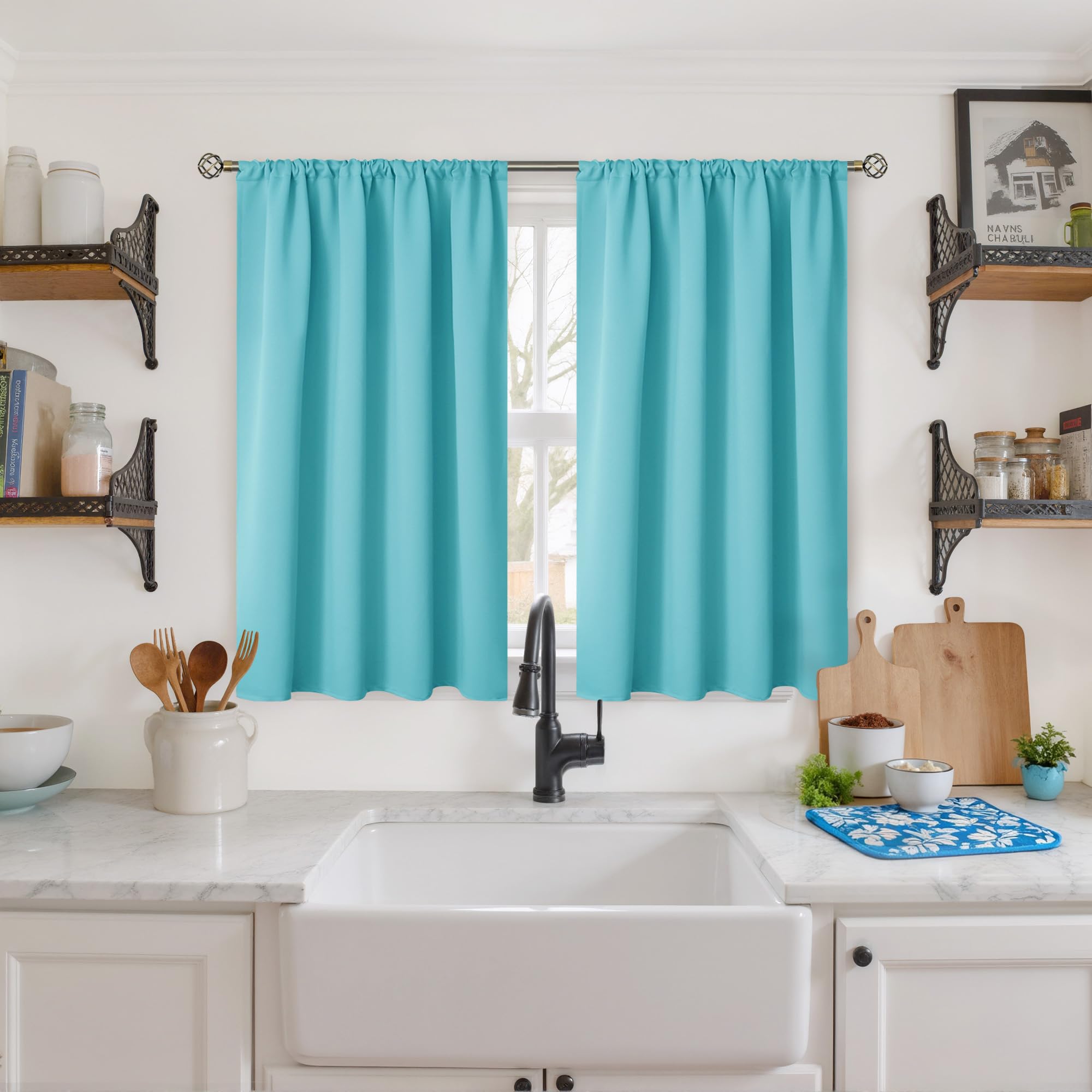 Aqua Blackout Curtains 40 Inch Length for Kitchen Window (2 Count)