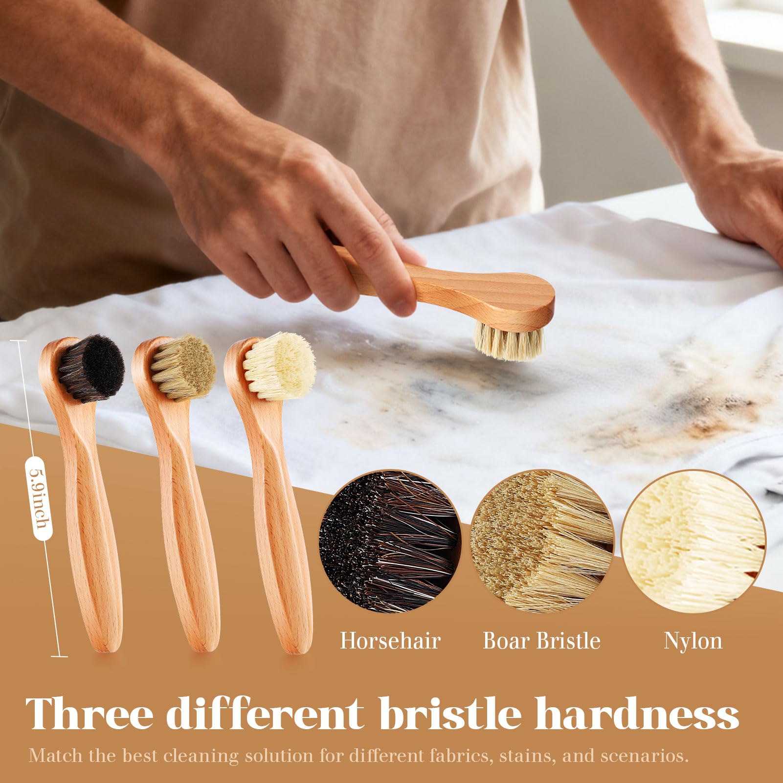3 Pcs Wooden Laundry Stain Brush Stain Remover Dauber Brushes with Round Head Boar Bristle Small Stain Brush for Clothes for Scrubbing Stains from Furniture Fabric Leather (3 Count)