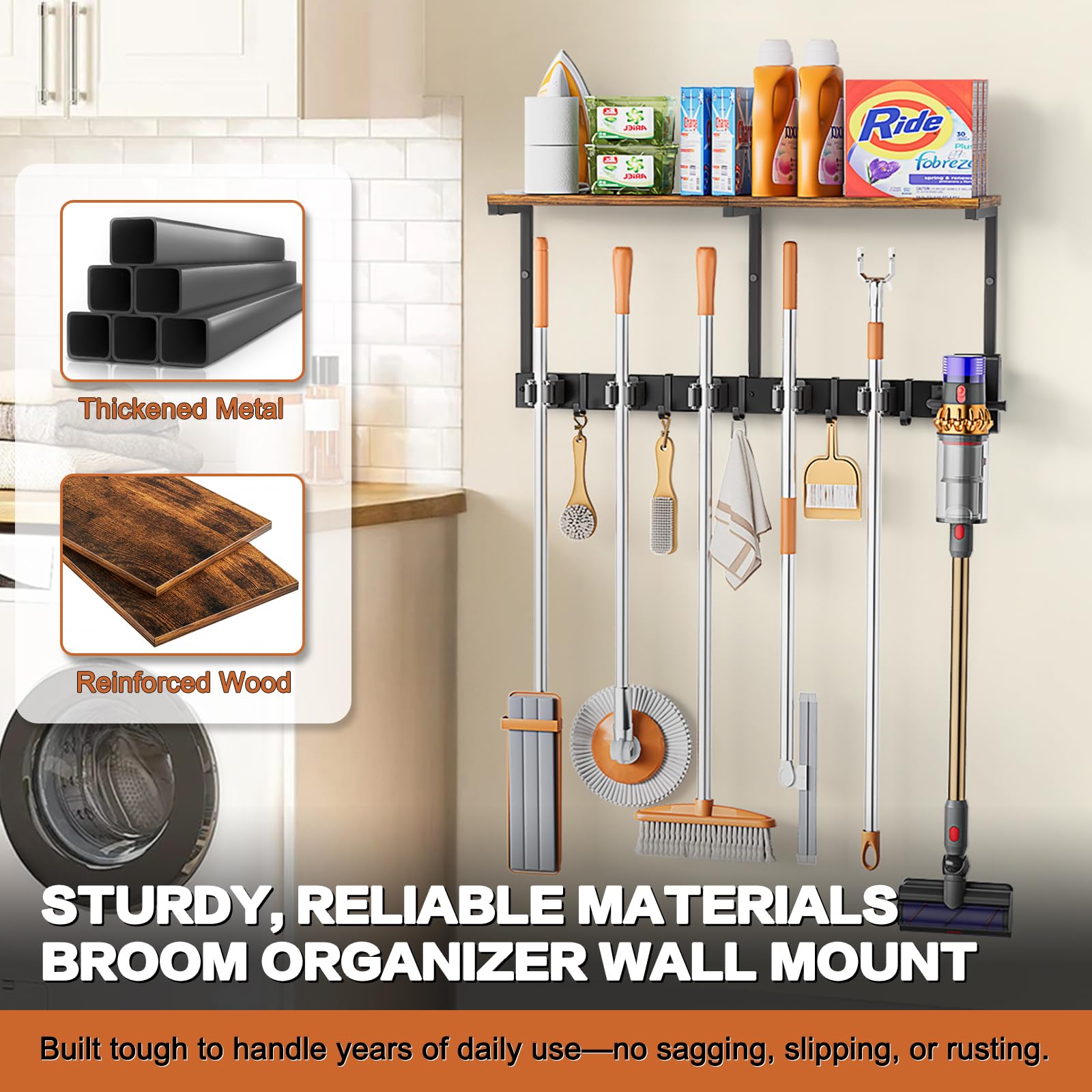 Broom Holder Wall Mount with Cleaning Supplies Organizer