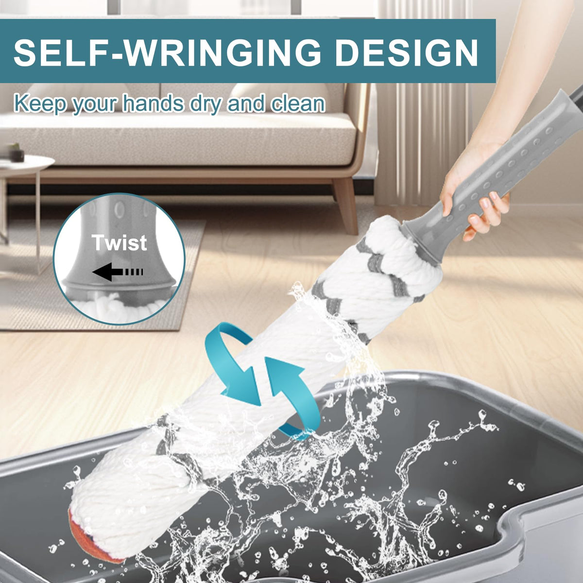Self Wringing Twist Mop for Floor Cleaning with 57 " Long Handle