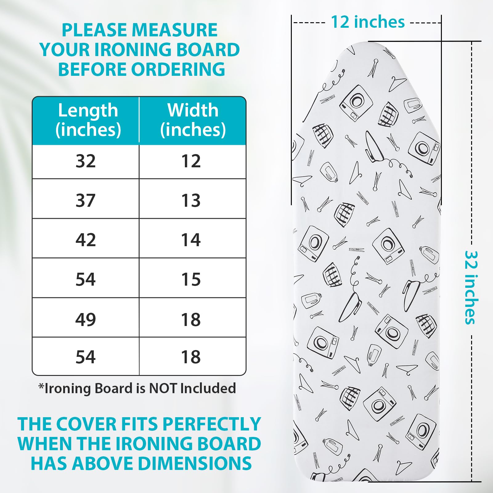 Extra Wide Ironing Board Cover and Pad 18 x 54 inch Heat Reflective with Hook and Loop Fasteners