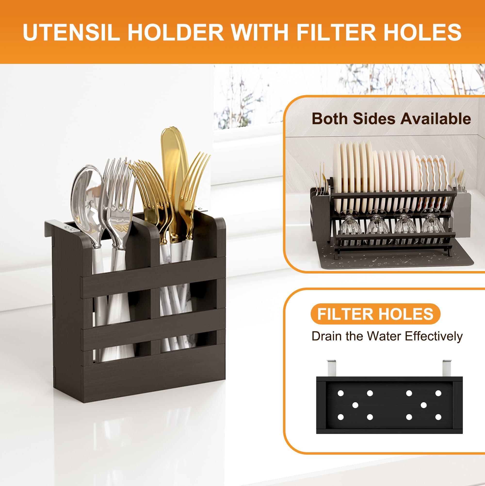 Black Bamboo Dish Drying Rack with Utensil Holder
