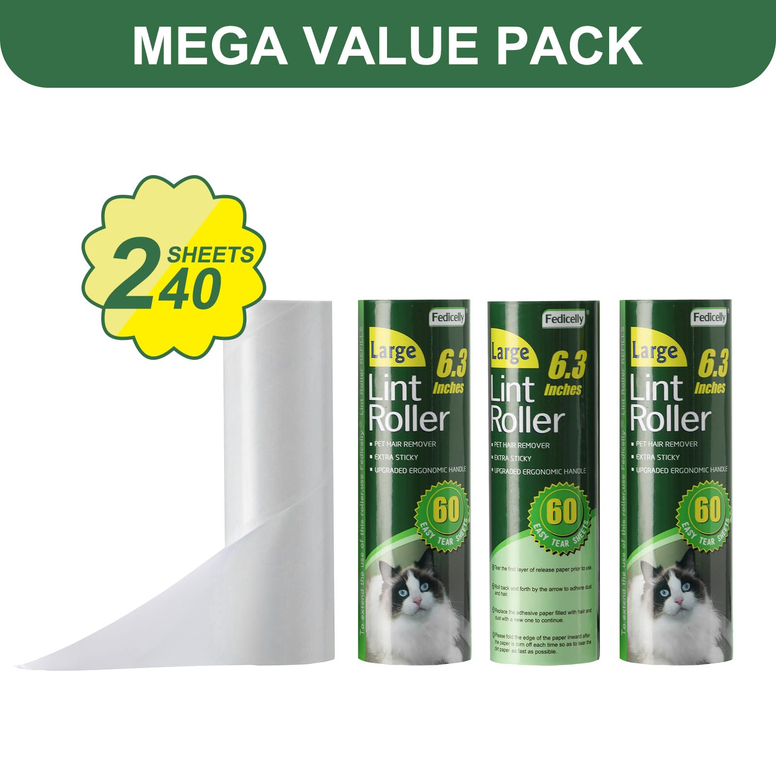 Large Lint Rollers Pet Hair Extra Sticky Refills (320 Count)