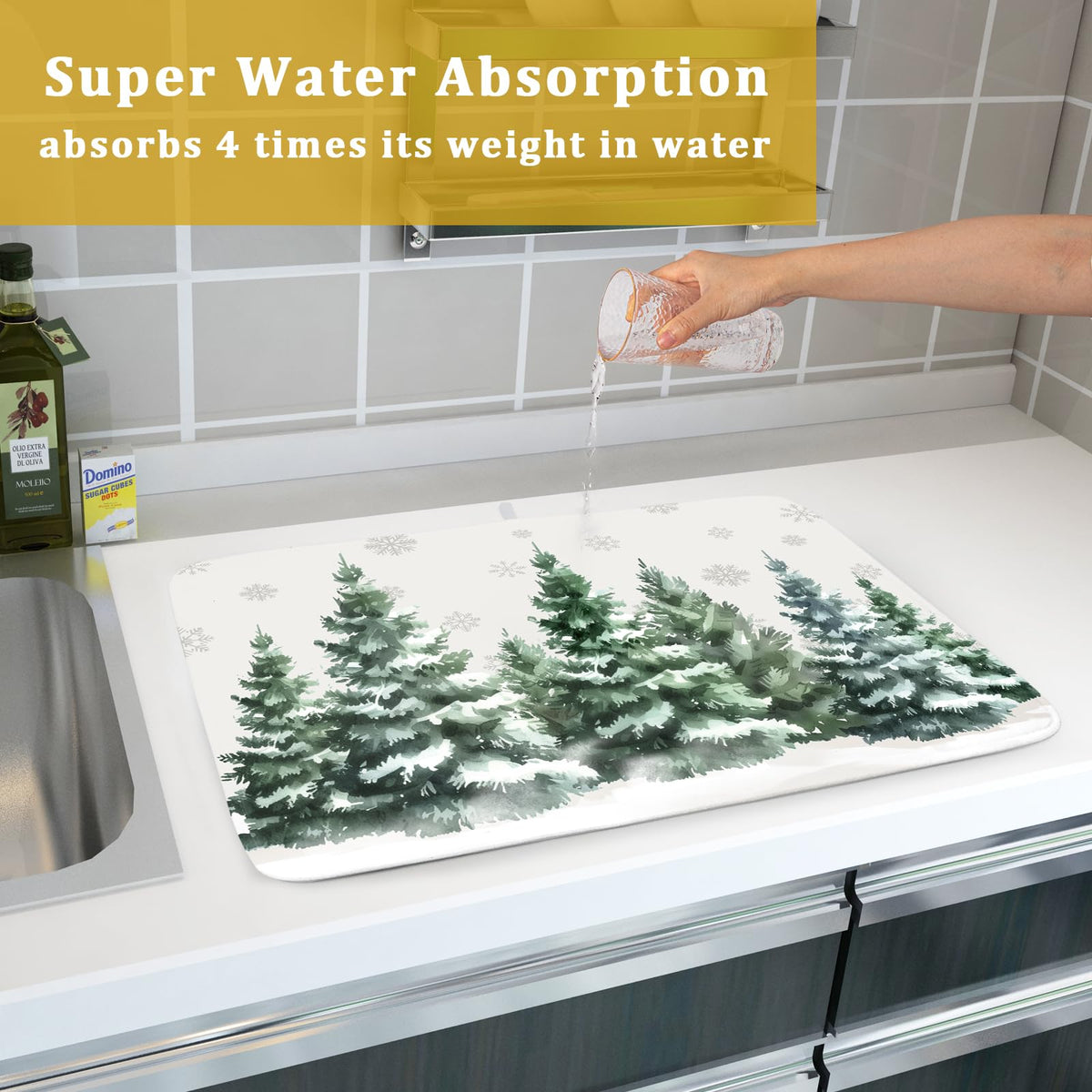 Winter Pine Tree Dish Drying Mat for Kitchen Counter 18x24 Inch Winter Decorative Dishes Mats Winter Absorbent Reversible Kitchen Drainer Pad Christmas Decorations Fast Dry Tableware Dishes Pad
