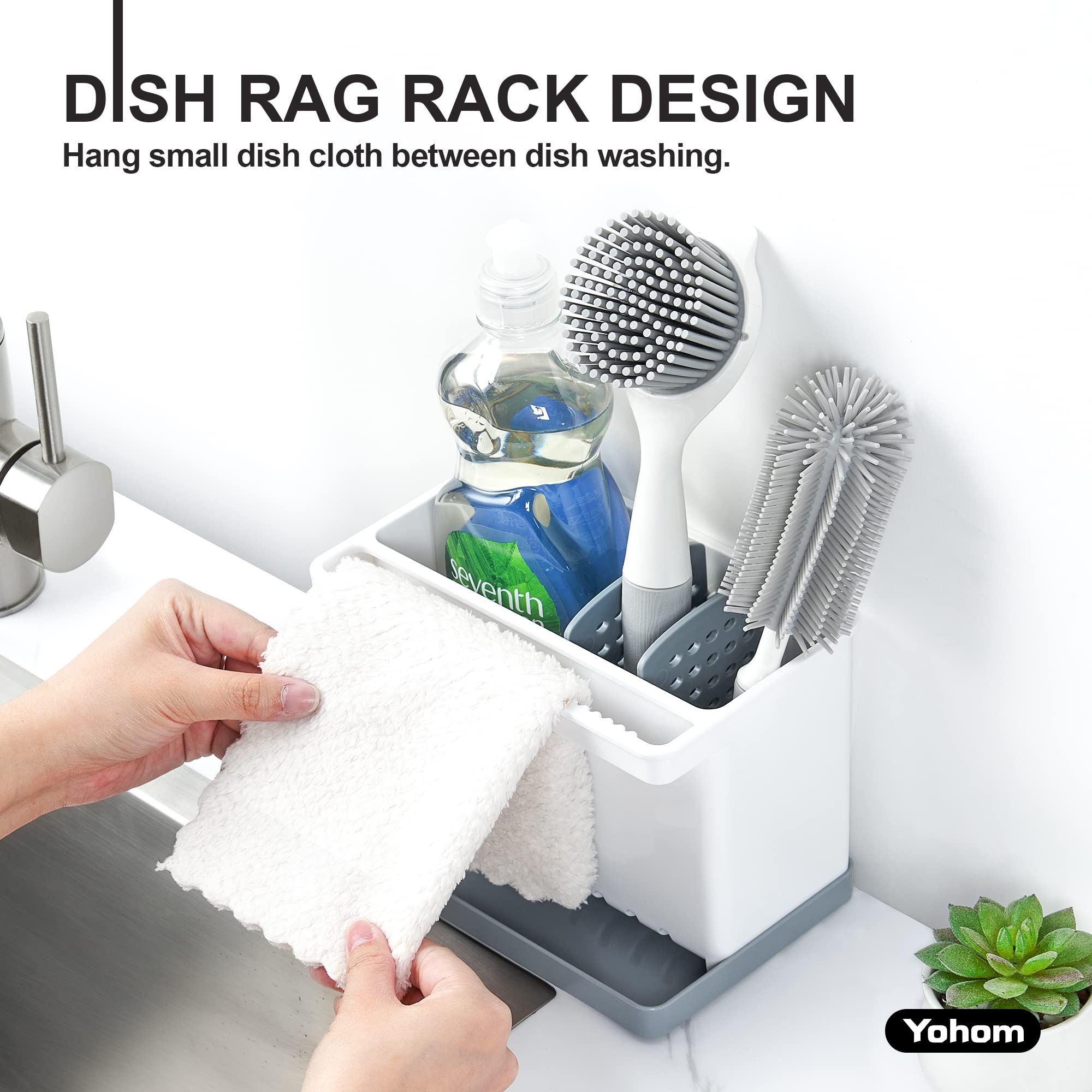 Sink Brush Holder for Kitchen Sink Sponge Caddy Countertop Organizer Plastic Dish Scrubber Holder with Dividers