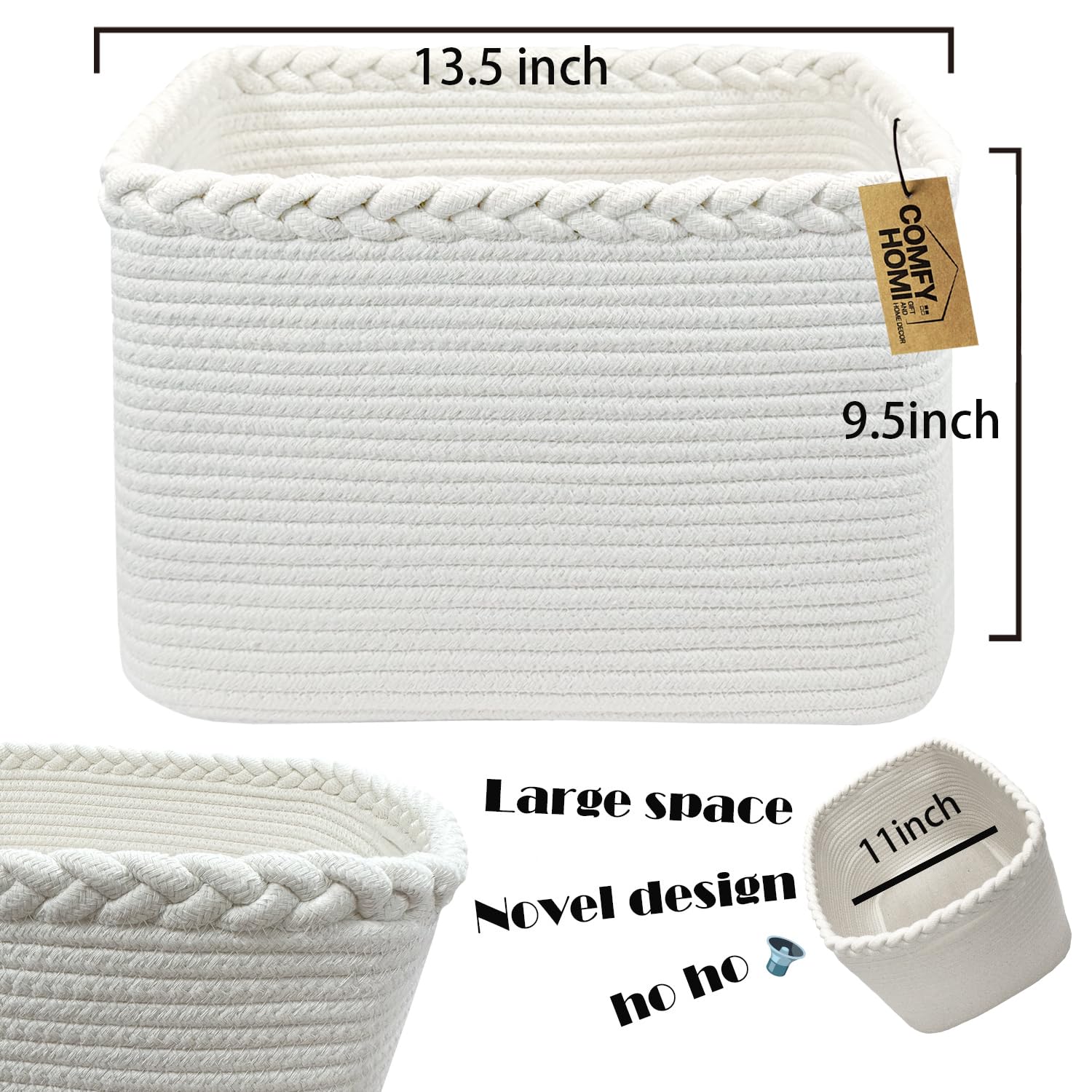 3PACK Cotton Rope Square Basket with Handles for Shelves (3 Count)