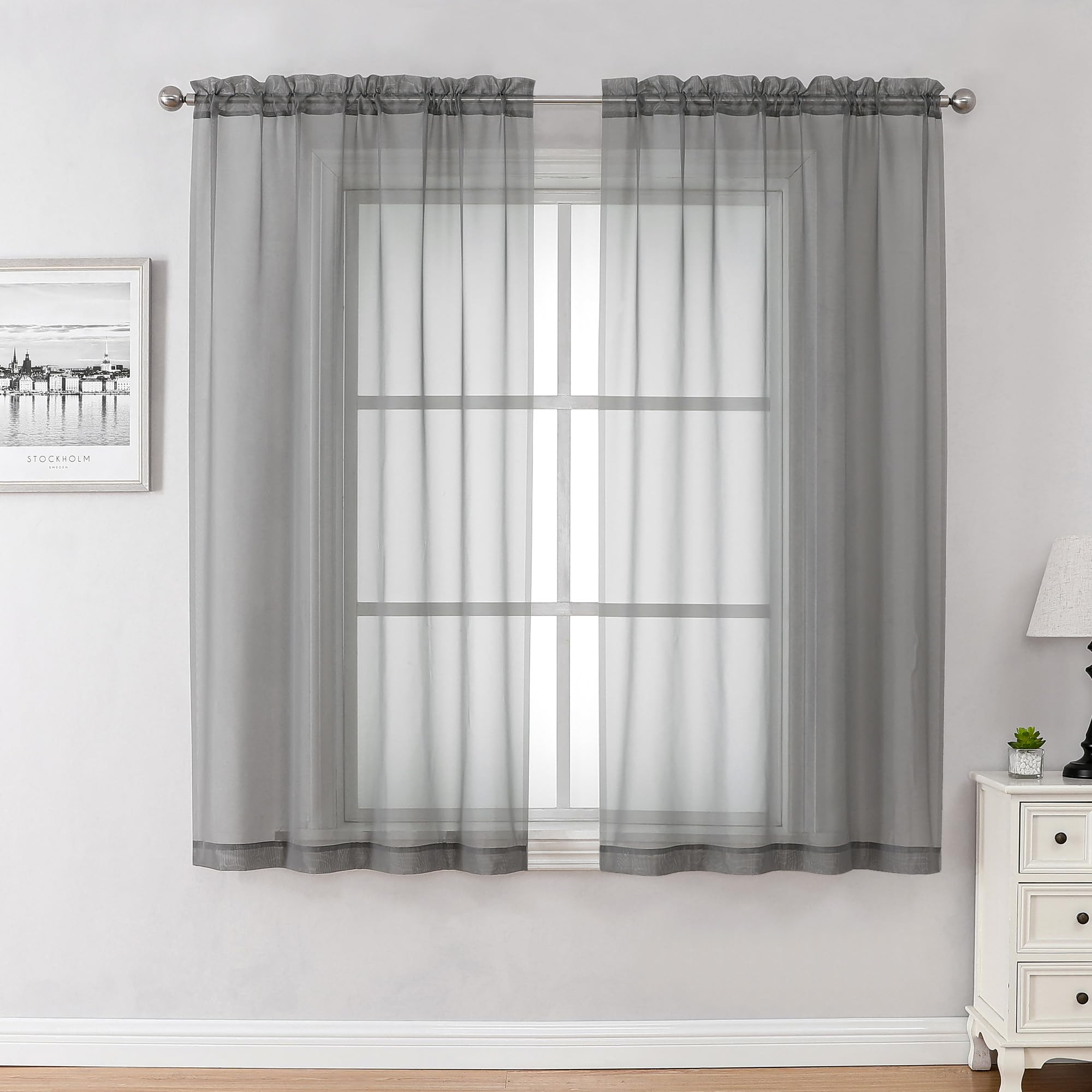Charcoal Grey Sheer Curtains 45 Inch Long 2 Panels