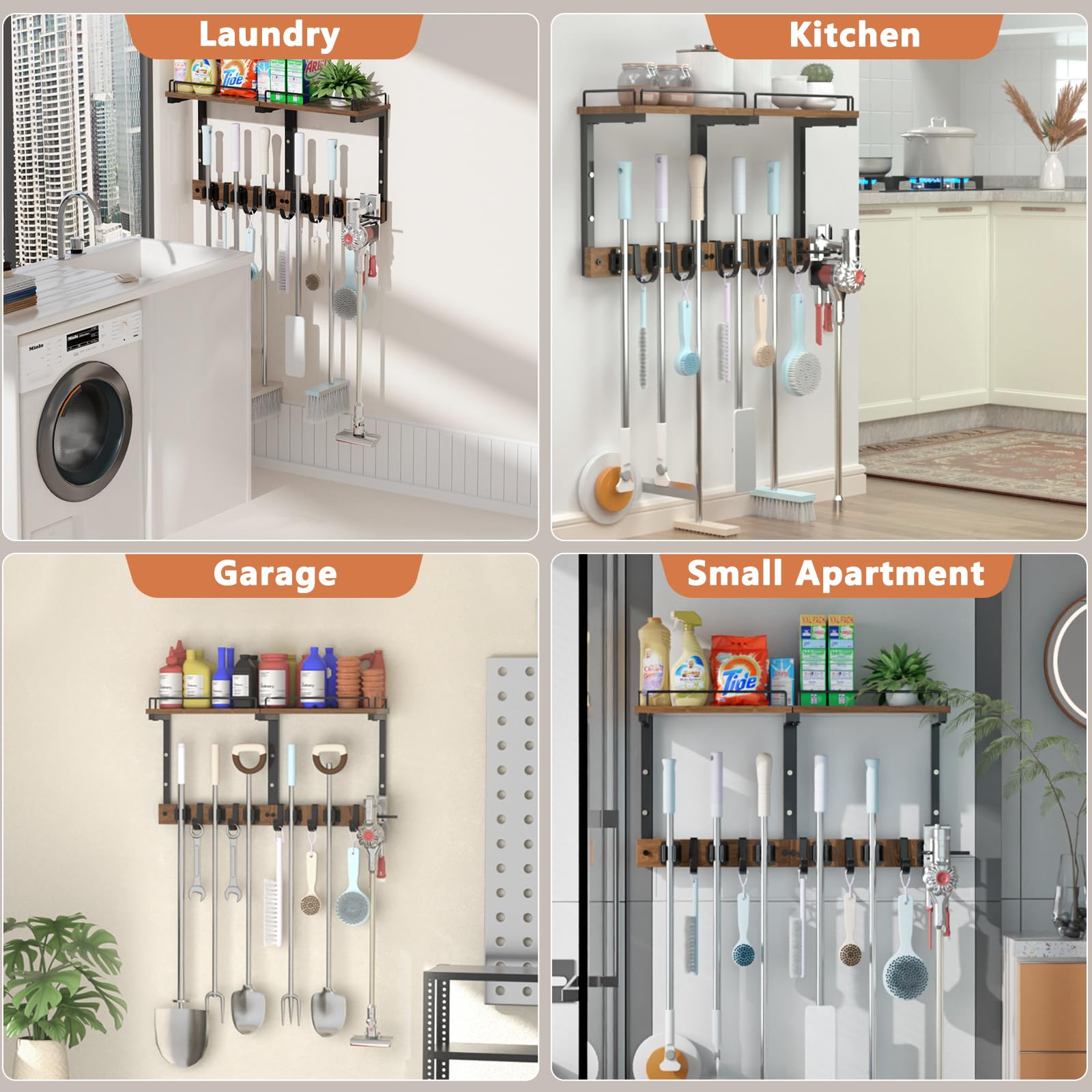 Broom and Mop Organizer Wall Hanging with Cleaning Supplies Organizer