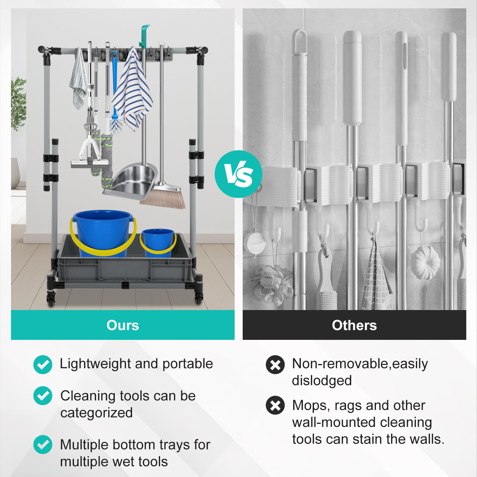 Rolling Cleaning Cart with Mop & Broom Organizer