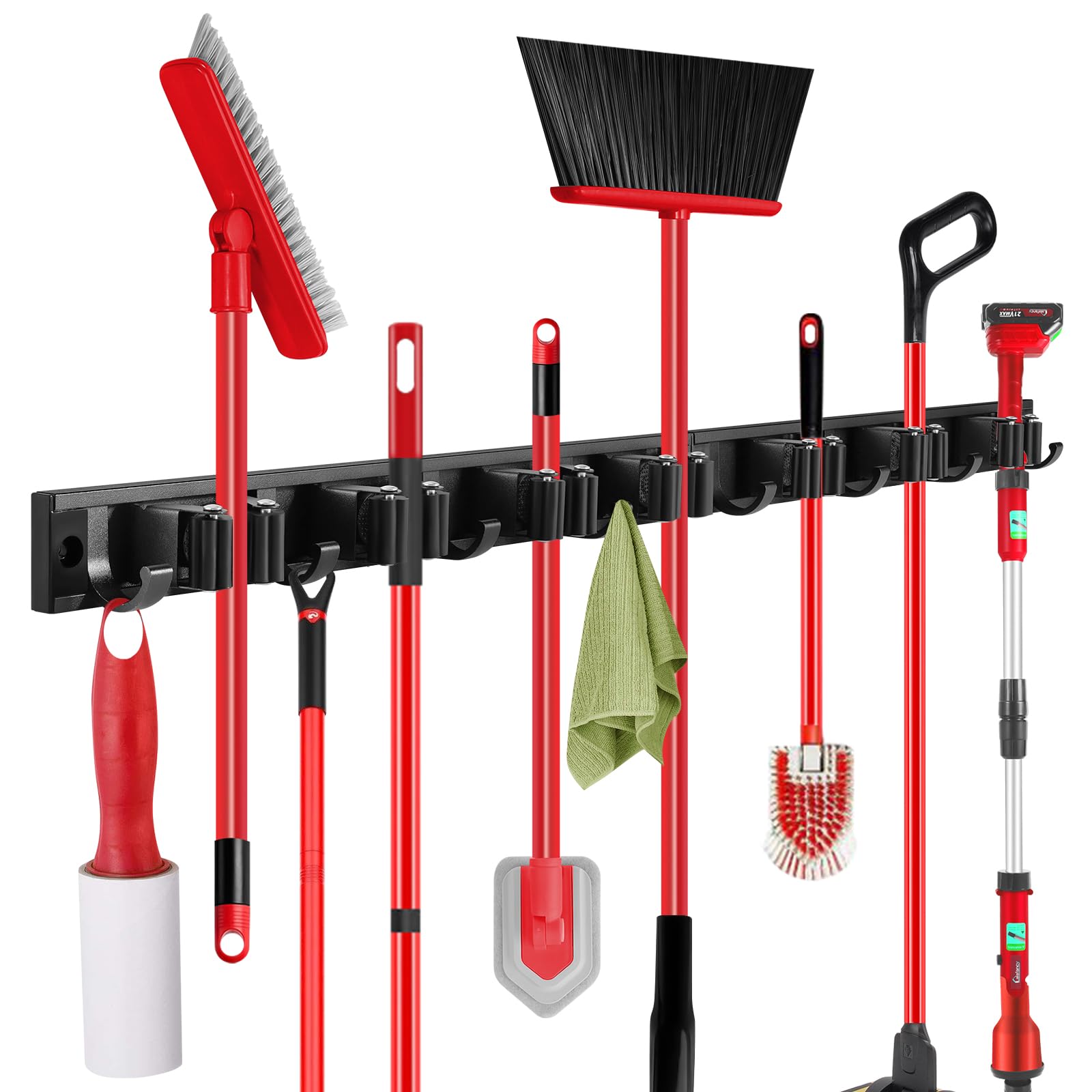 2 Pack Wall Mount Broom Holder with Sliding 3 & 4 Racks 4 Hooks