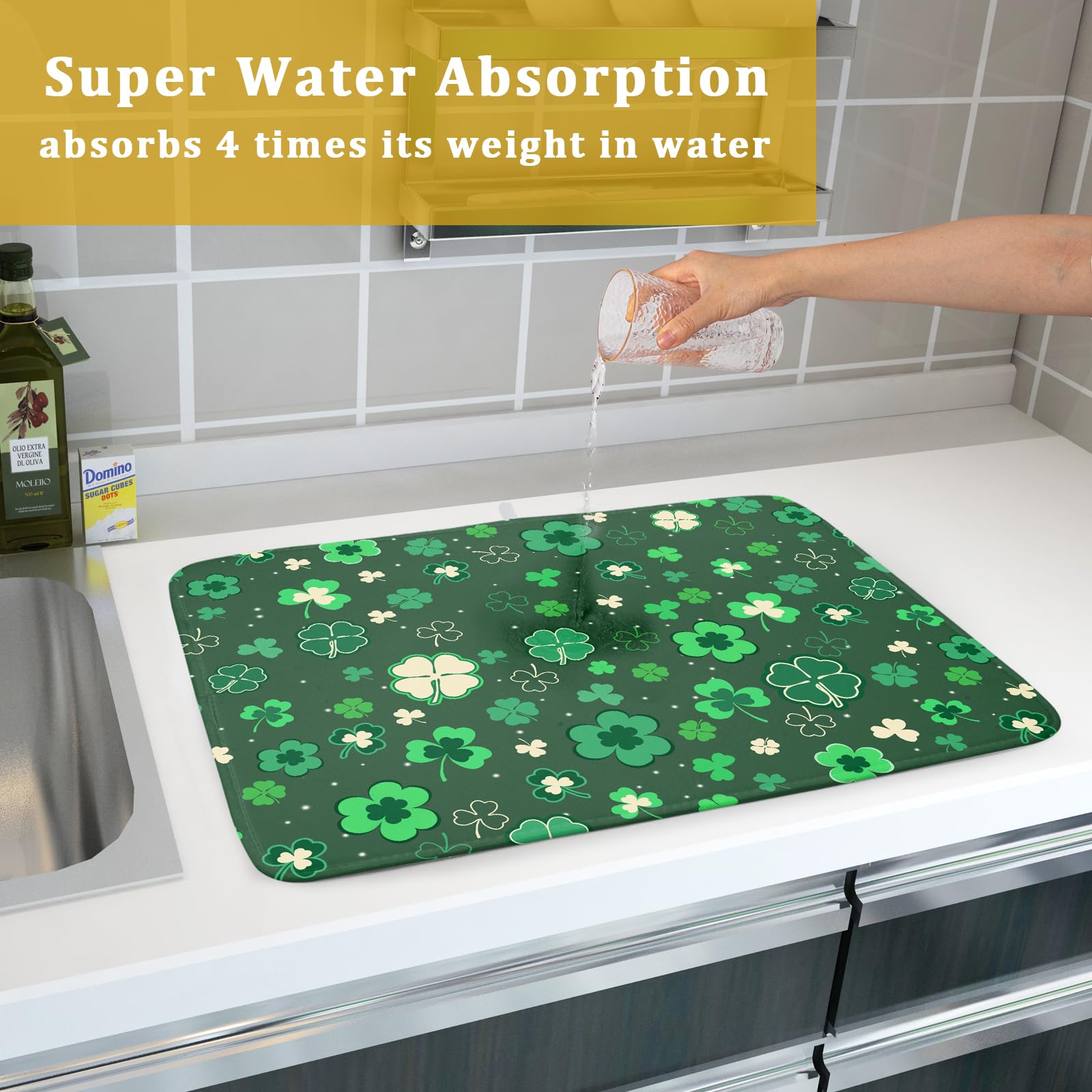 Happy St. Patrick's Day Dish Drying Mat for Kitchen Green Lucky Shamrock Clover Dish Drying Mat for Dishes Spring Irish Drying Mats 18x24 Inch Absorbent Reversible Dish Pad for Countertop Coffee Bar