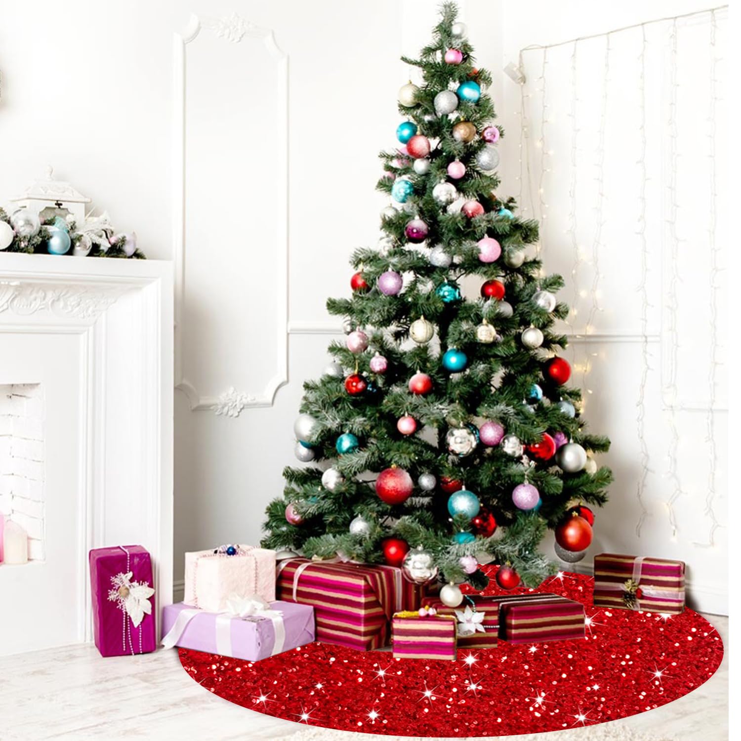 Christmas Tree Skirt Red Glitter Tree Skirt 36 Inch Sequin Xmas Tree Skirts Velvet Christmas Tree Mat Rustic Metallic Sparkle Tree Skirts Cover for Xmas Party New Year Holiday Decoration