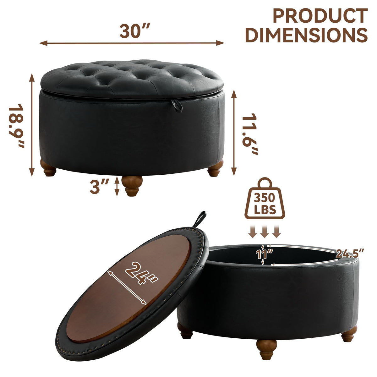 30Inch Round Storage Ottoman with Tray