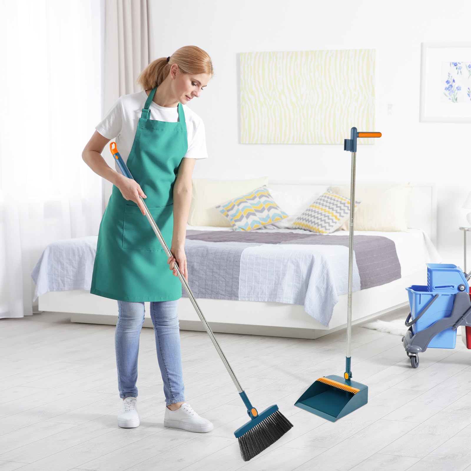 4 Set 8 Pcs Broom and Dustpan Set 47 Inch Long Handle Brooms for Sweeping Indoor Household Dustpans for Indoor Outdoor Kitchen Floor