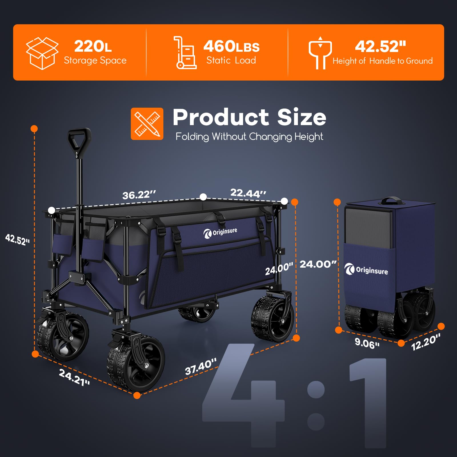 220L Foldable Beach Wagon Cart with Big Wheels