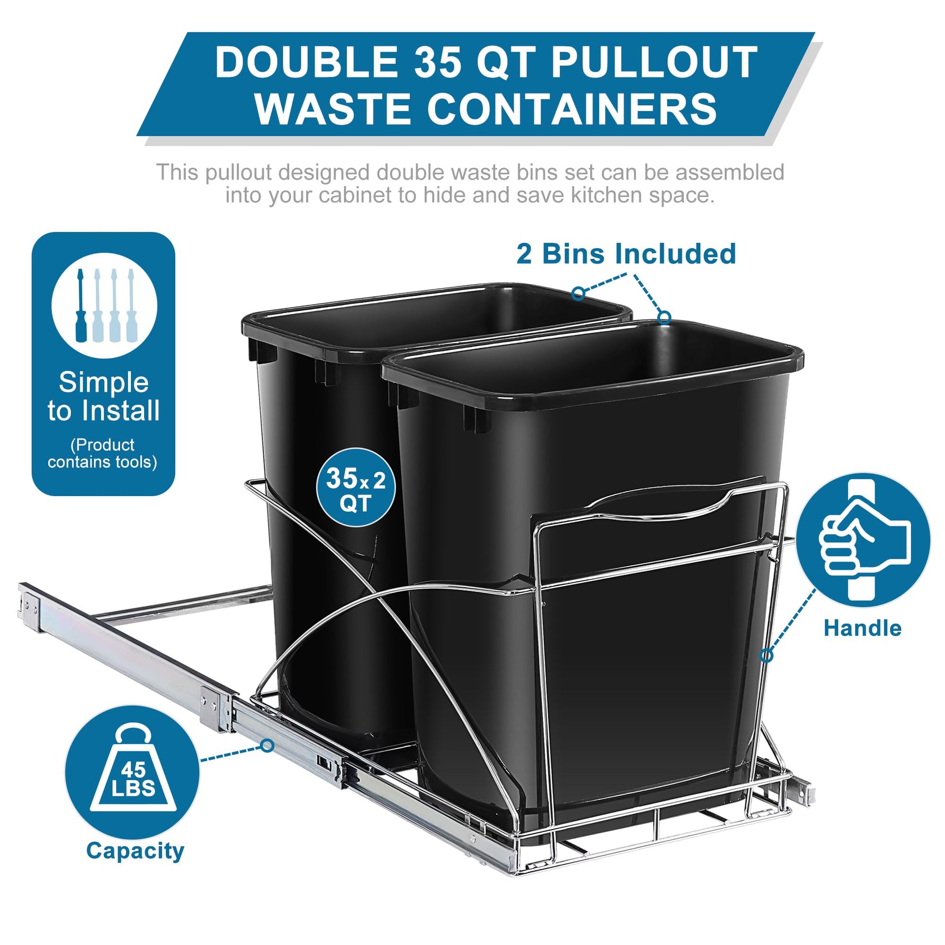 Double 35 Quart Pull Out Trash Can Under Cabinets Under Sink Garbage Sliding Waste Bin Container Recycling Bins with Chrome Wire Bottom Mount 44 lbs Load Capacity