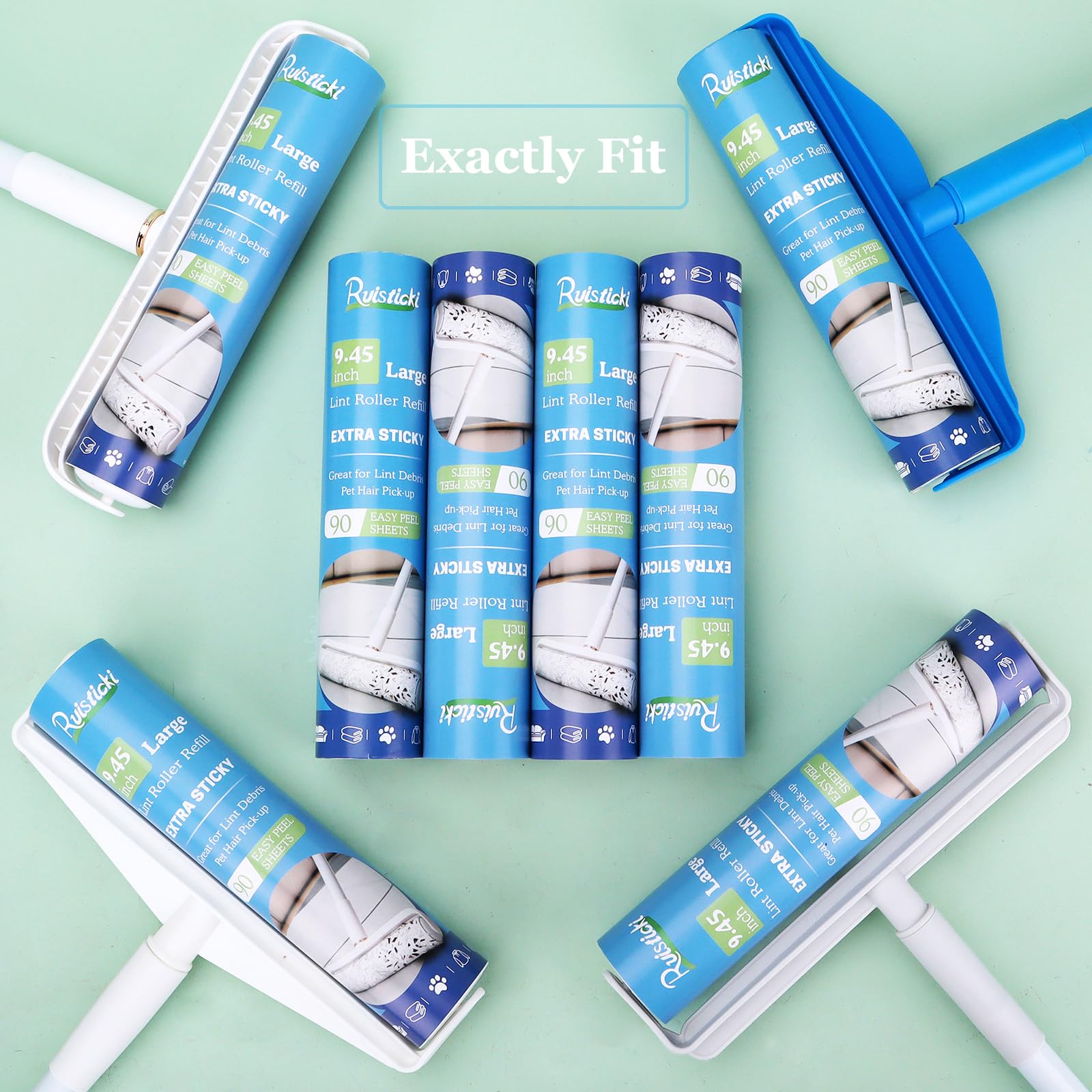 9.45 inch Lint Roller Refills for Large Long Handle Lint Rollers for Carpet 9.45'' Extra Sticky Floor Lint Roller 4 Pack of Refills Only