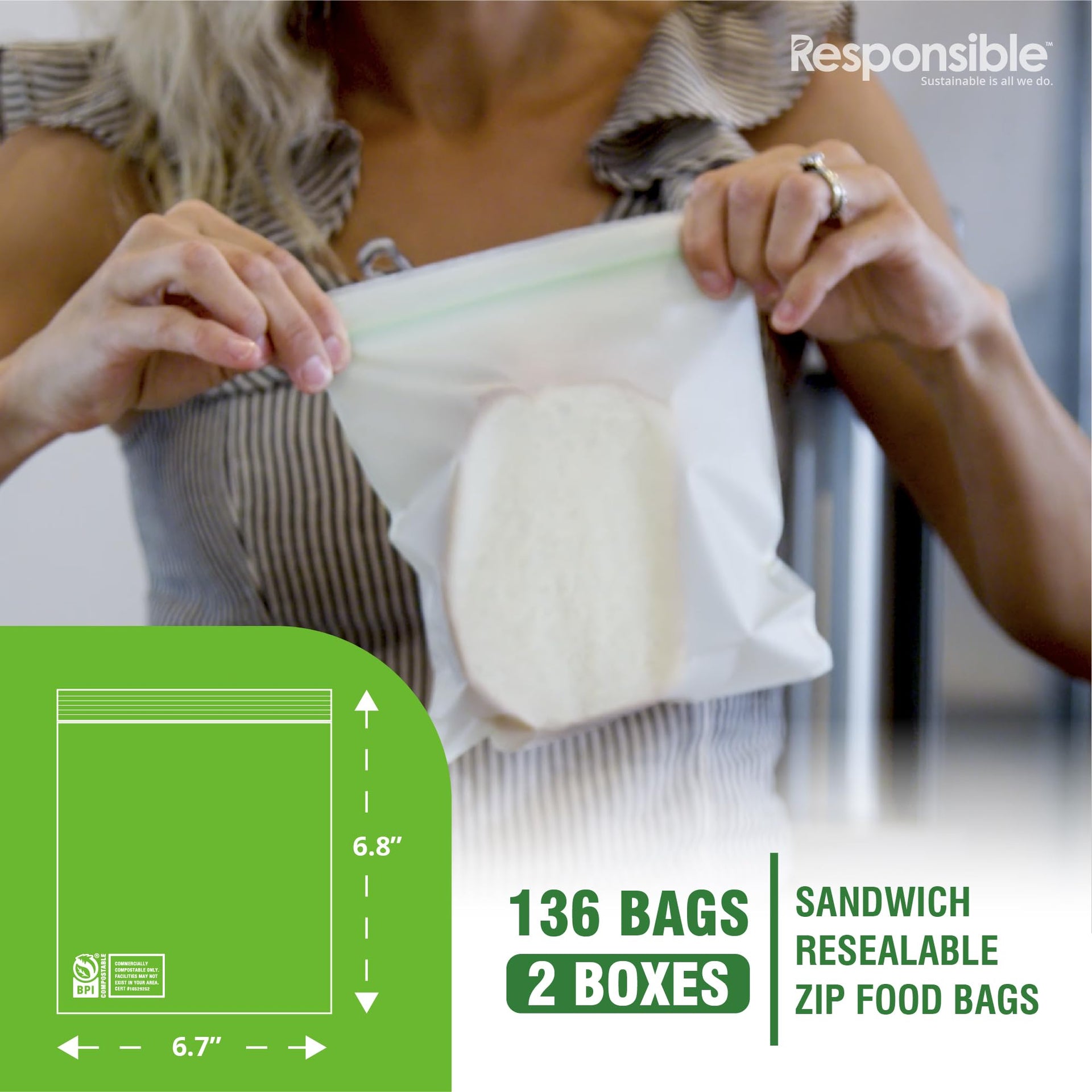 Certified Compostable SANDWICH Resealable Zip Bag