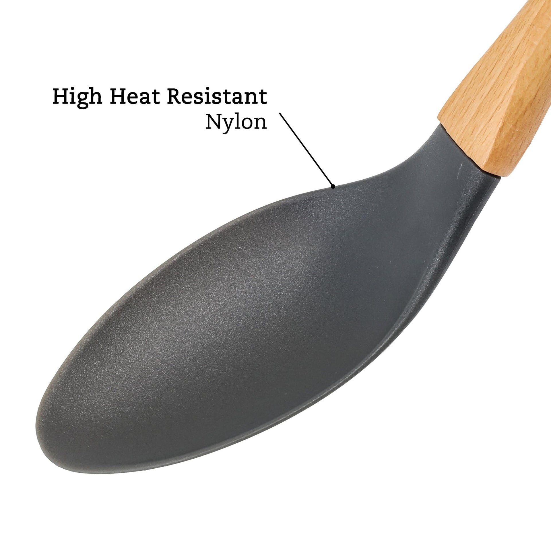 2pc Spoons Grey Nylon Kitchen Utensils Set with Soft Grip Ergonomic Wooden Handles High Heat Resistance