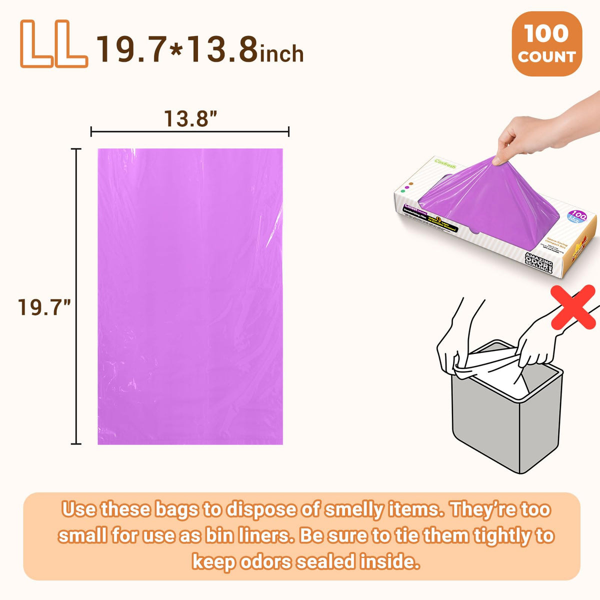 Odor Sealing Cat Litter Bags Unscented & Durable 100 Waste Bags (100 Count)