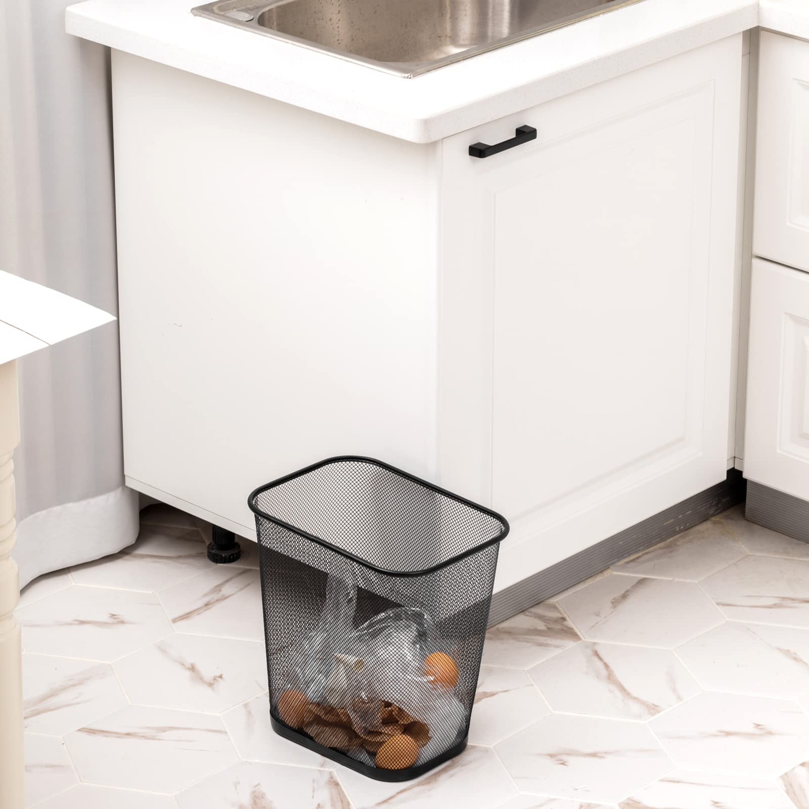 6 Pcs Mesh Square Trash Cans 4 Gallons Wire Wastebasket for Home Black Metal Office Garbage Cans Rectangular Trash Bin for Kitchen Bathroom Bedroom (6 Count)