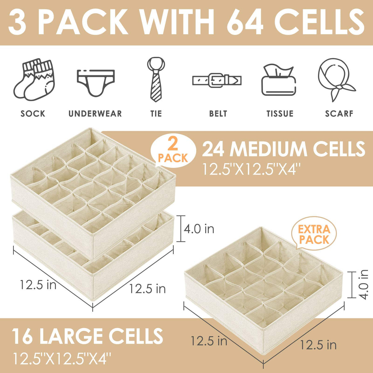 3 Pack Sock Underwear Drawer Organizer Dividers (3 Count)