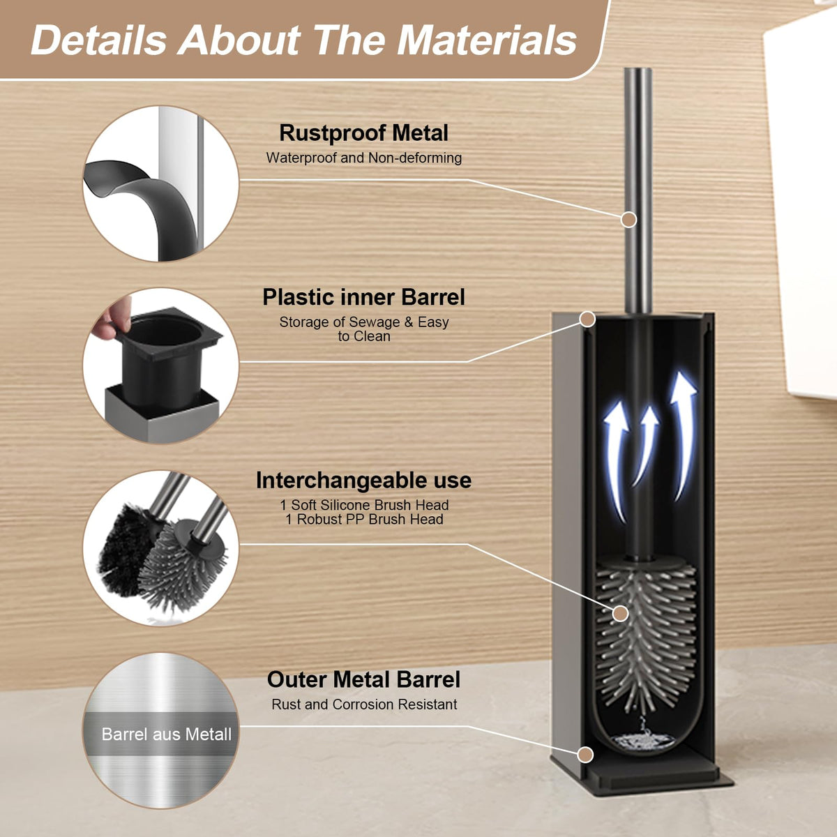 Standing Toilet Brush and Holder GunGrey Aluminium Toilet Bowl Cleaner Brush and Holder for Bathroom Storage and Organization