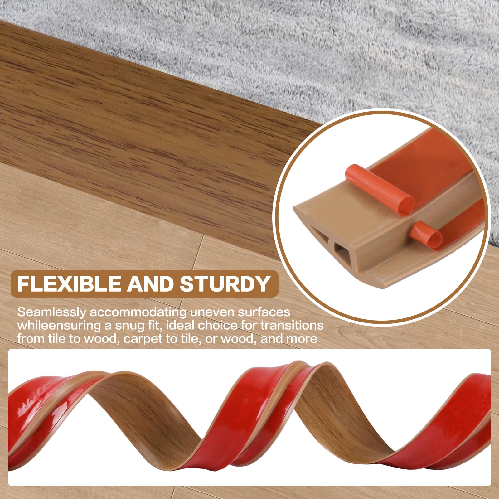 Floor Transition Strip Vinyl Door Threshold Ramp Self Adhesive Carpet Edging Strip Doorway Edge Trim (6.6 Foot)
