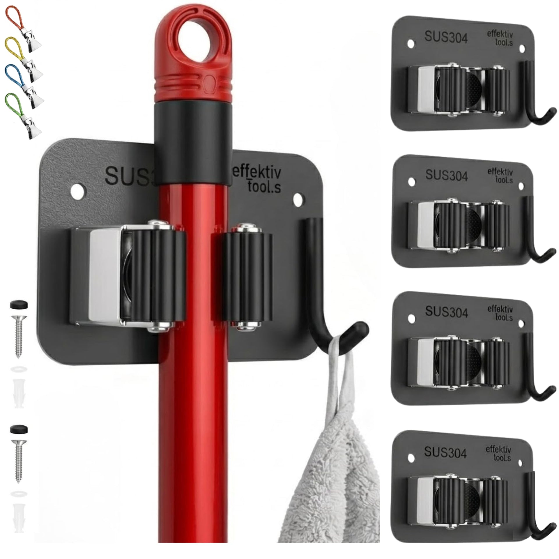 4 Pack Wall Mount Hanger for Brooms & Mops (4 Count)