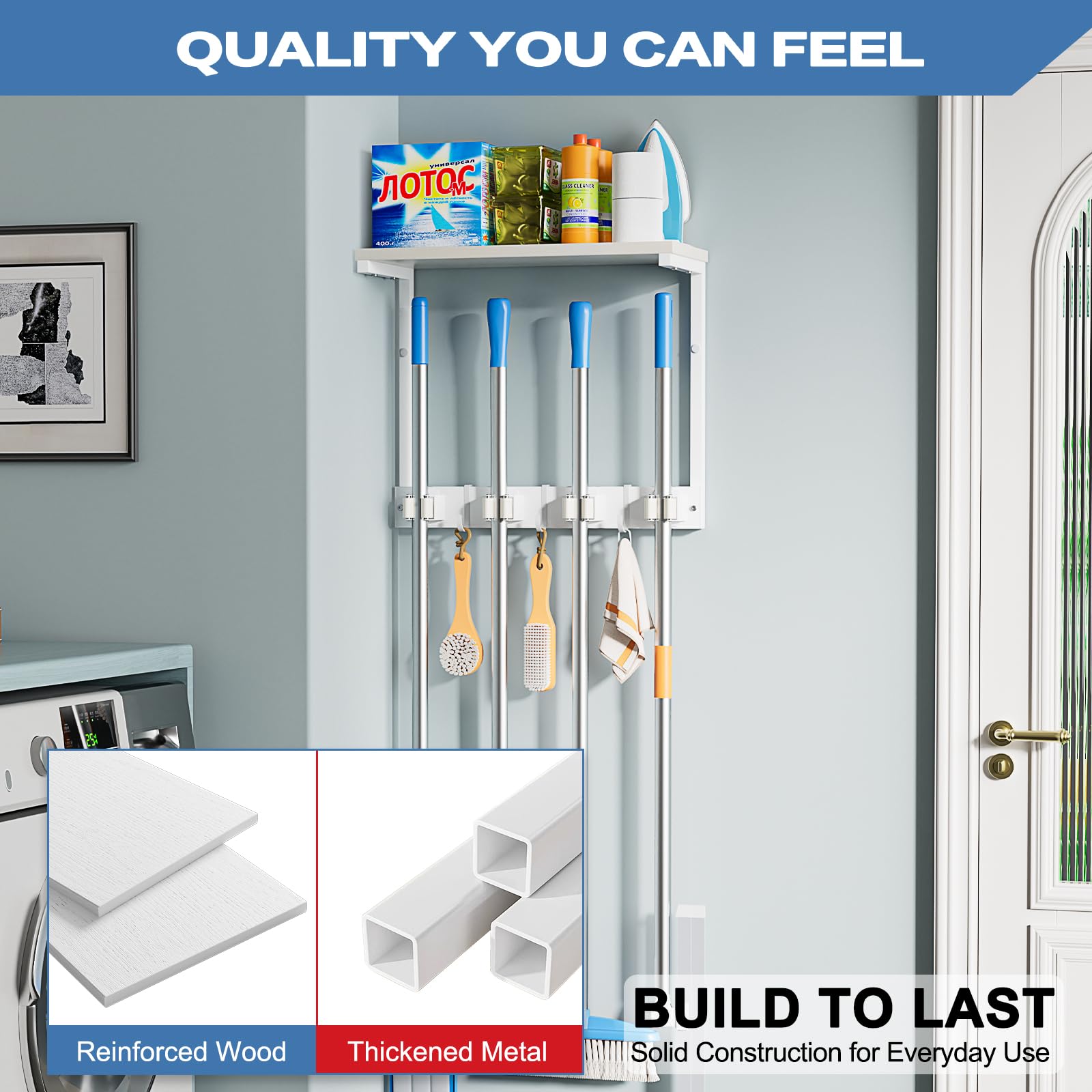 Broom Holder Wall Mount with Cleaning Supplies Organizer