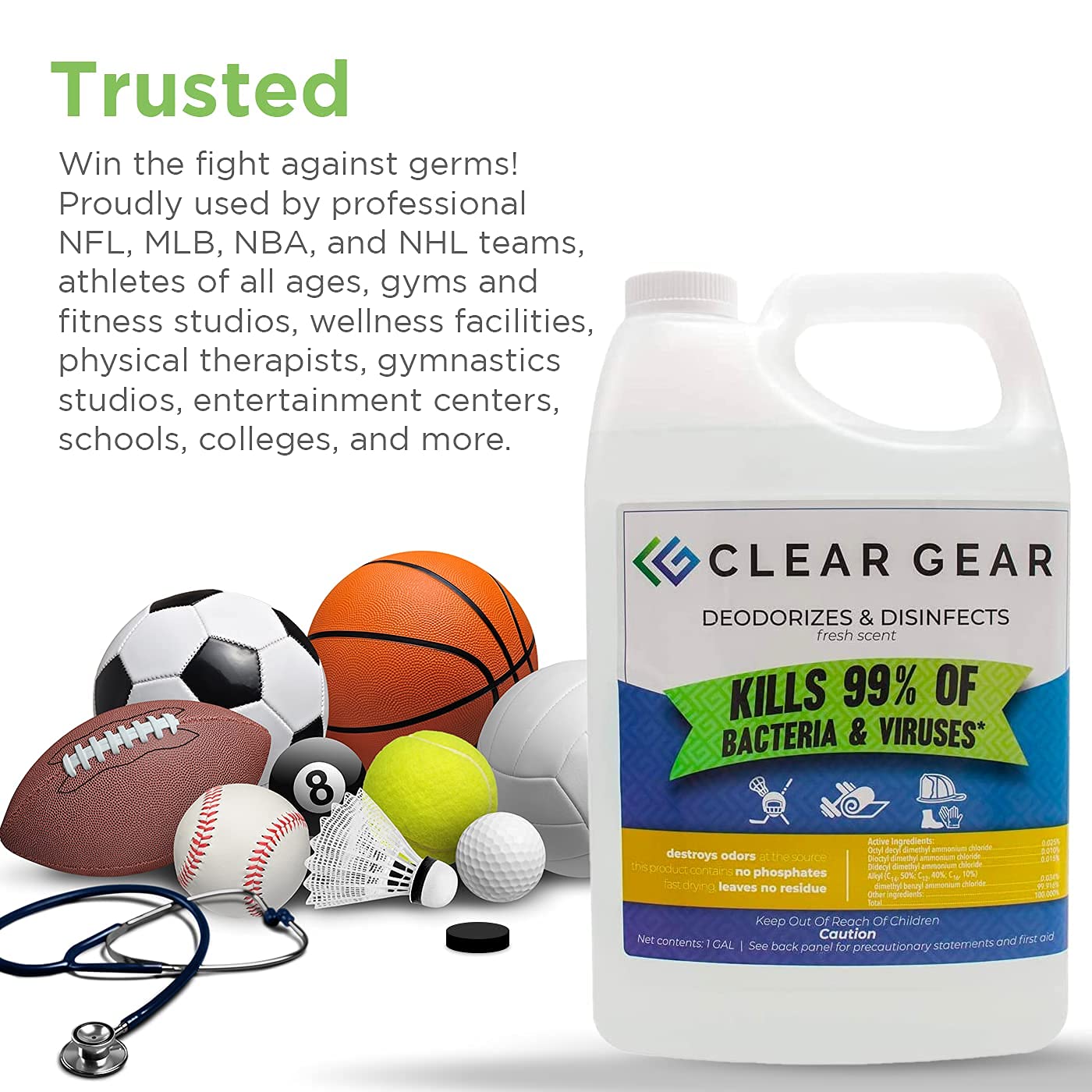 Disinfectant and Deodorizer for Sports Equipment 1 Gallon Bottle (128 Fl Oz)