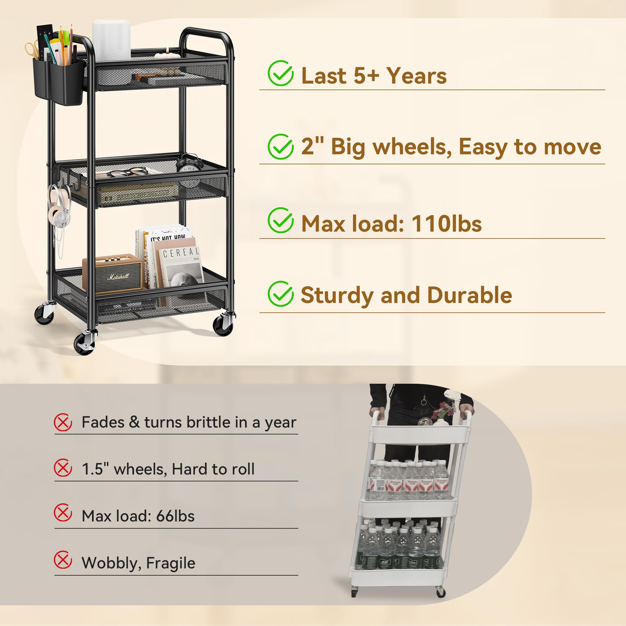 3 Tier Metal Rolling Cart