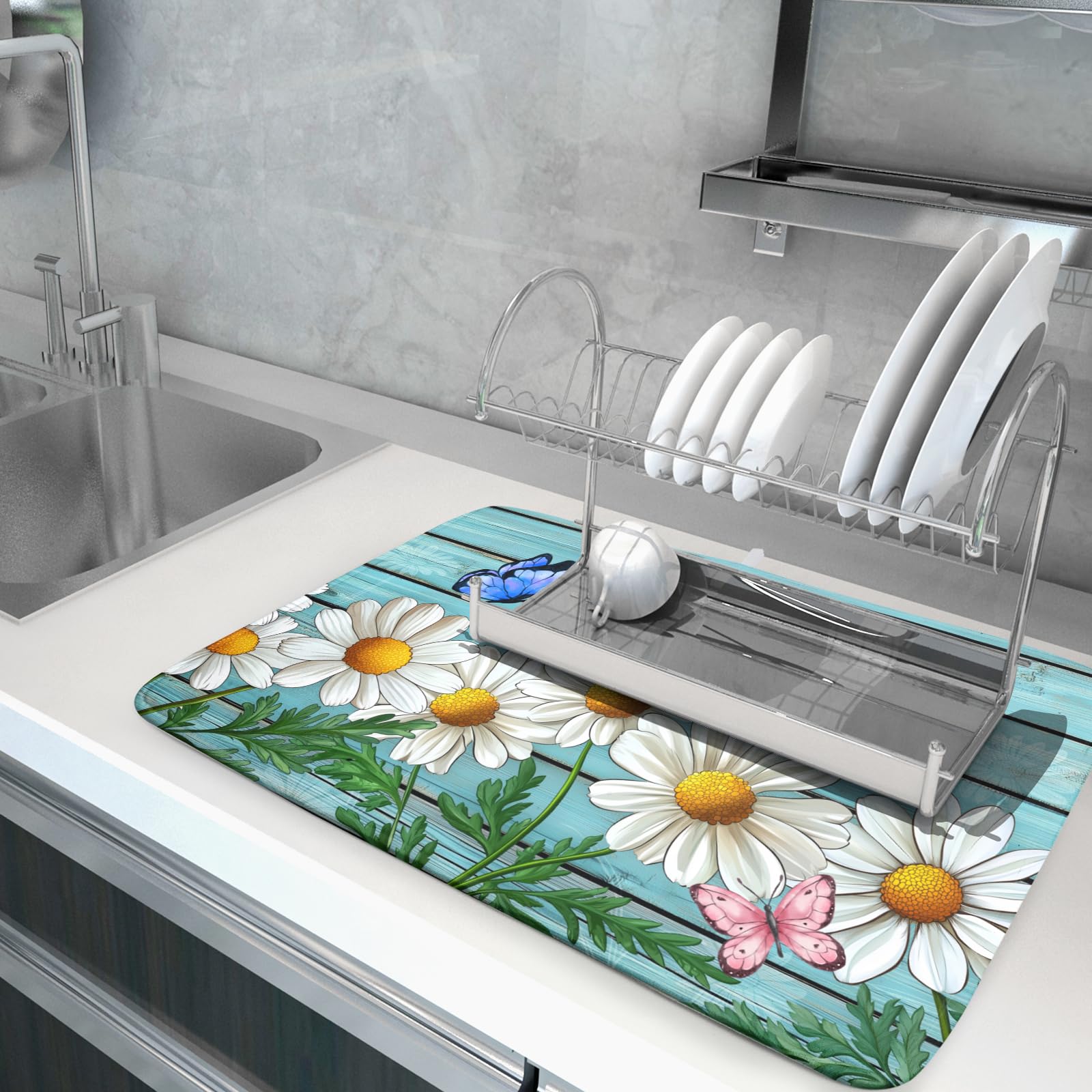 Daisy Dish Drying Mat for Kitchen Counter 18”x24” Rustic Daisy Absorbent Dish Drying Mat Reversible Microfiber Dish Drainer Rack Fast Drying Mat for Countertops Tableware Decor