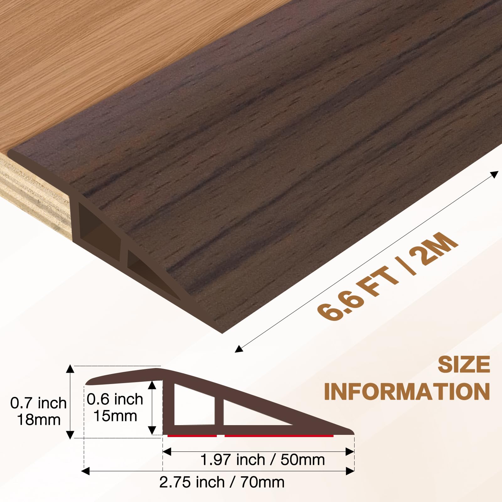 Floor Transition Strip Vinyl Door Threshold Ramp Self Adhesive Carpet Edging Strip Doorway Edge Trim (6.6 Foot)