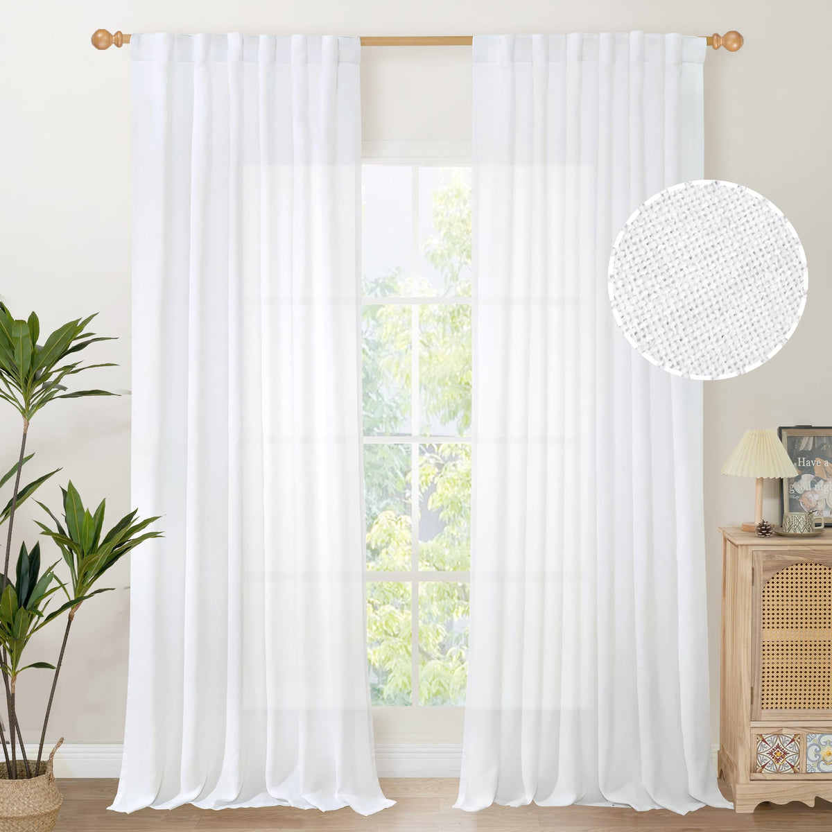 White Linen Semi Sheer Curtains 95 Inches Long 2 Panels Set