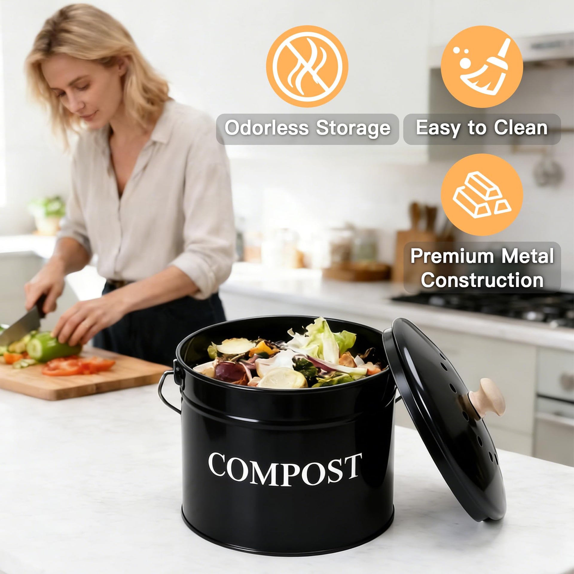 Compost Bin 1 Gallon Countertop Composter with Lid and Charcoal Filters